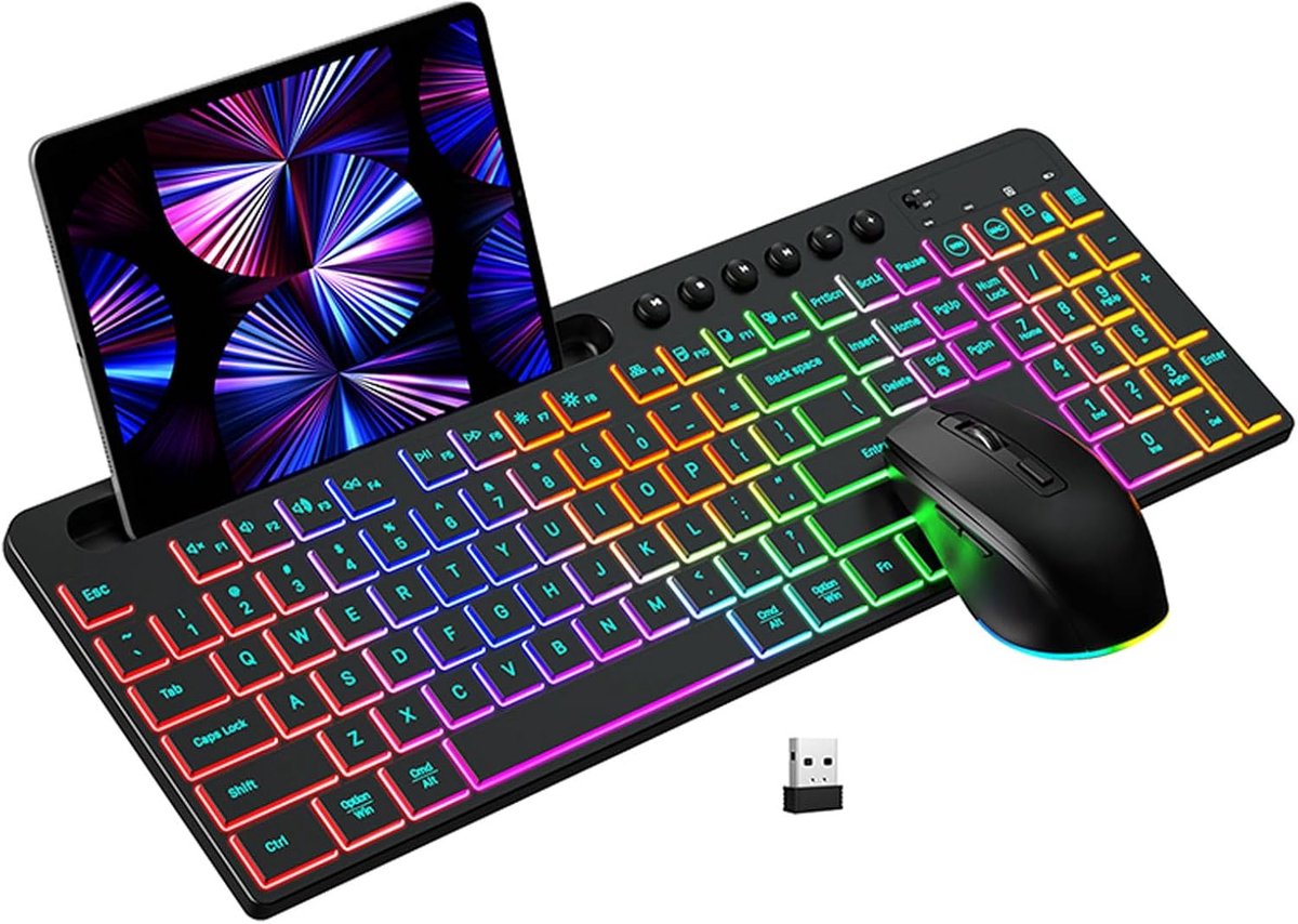 Draadloos toetsenbord en muis combo - 2.4G RGB verlichting - 115 toetsen met numeriek toetsenblok - ShopVlot