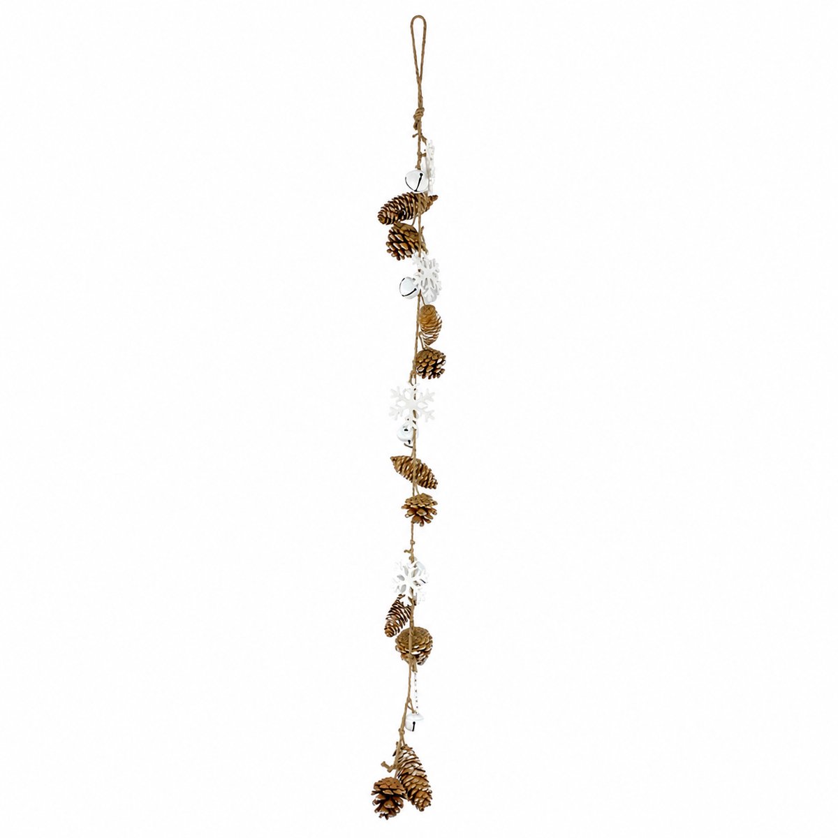 Witte Kerstslinger met Dennenappels en Sneeuwvlokken 75 cm – Houten Kerstdecoratie met Gouden Accenten – Slinger voor Schouw, Trap, Muur, Raam en Kersttafel
