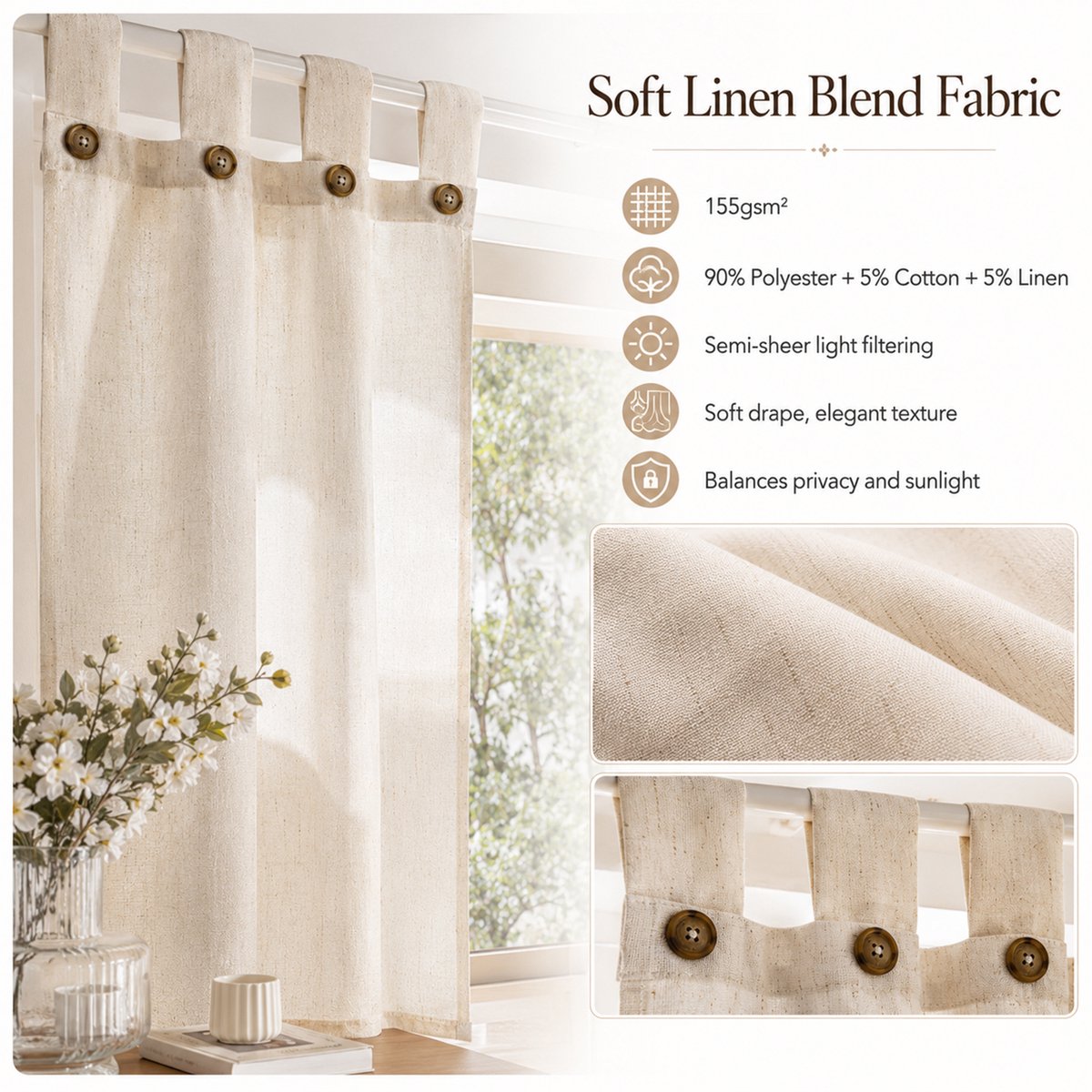Qelus Vitrage Korte Gordijnen 2 Stuks - Linnenlook met Lussen en Knopen - 63 x 78 cm - Beige