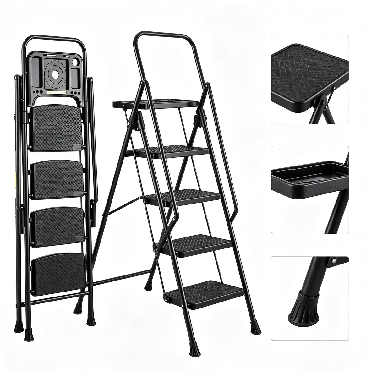 Inklapbare Trap - Huishoudtrap 4 Treden - Stalen Trapladder - Opvouwbare Trap-Keukentrap – Met Leuning – Anti-Slip – Bakje - Veilig - Binnen - 142cm- 150kg-Zwart