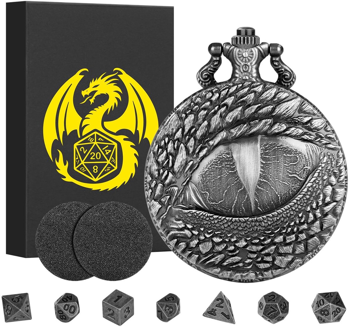 Omgoods - Mini DND Dobbelset met Retro Drakenogen en Pocket Watch