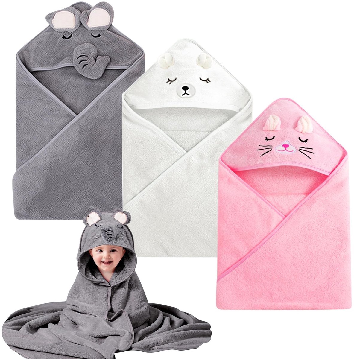 Omgoods- Babybadcape 80 x 80 cm - Babyhanddoek met Capuchon - Super Absorberend - Koraalpluche - Set van 3 - Zachte Bescherming