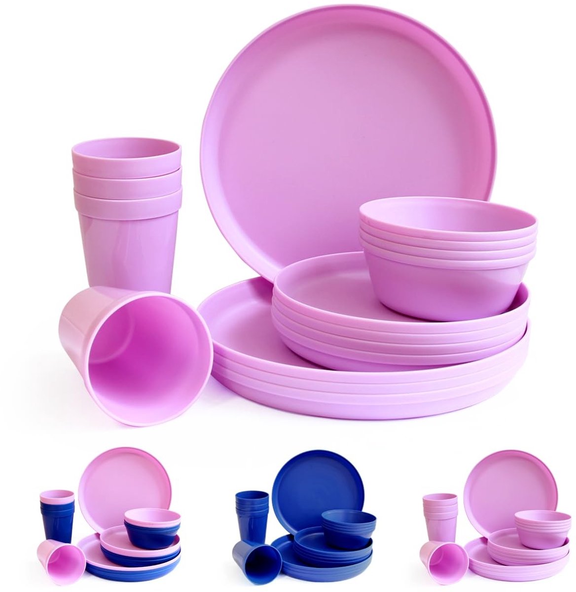 Omgoods - 16-delige Plastic Servies Set - Herbruikbare Lichte Borden, Mokken en Schalen in Paars