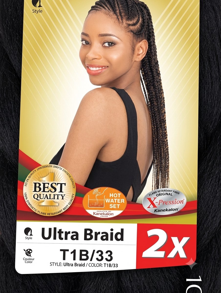 Set van 3 Pakjes X-Pression Ultra Braid Pre-Stretched – 100% Kanekalon – Kleur T1B/33 – Synthetisch Vlechthaar Lot de 3 Paquets X-Pression Ultra Braid Pré-Étiré – Couleur T1B/33 – 19,90€