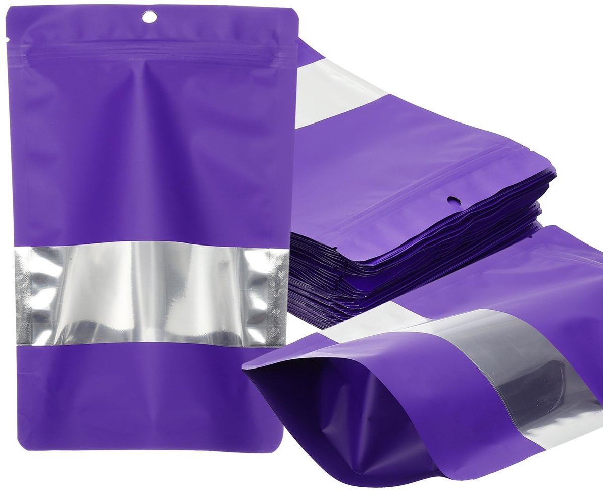 Omgoods - 60 Resealable Matte Metallic Voedselzakken met Venster en Rits, Paars