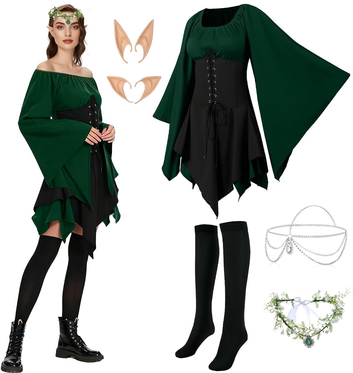 Omgoods - Traditionele Ierse Jurk voor Vrouwen, Gothic Kostuum met Accessoires
