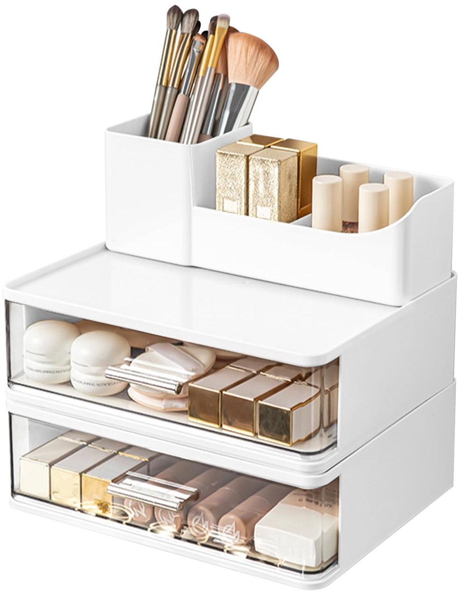 Omgoods - Makeup Organizer met 2 Laden - Stapelbare Cosmetica Opberger in Wit