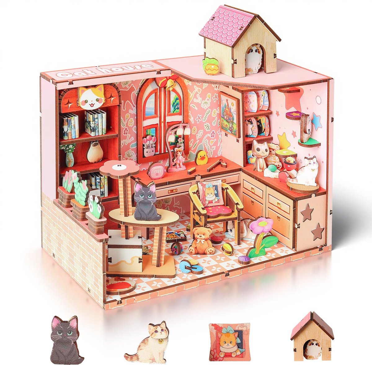 Omgoods - Doe-het-zelf Miniatuurhuis - Houten Poppenhuis met Licht