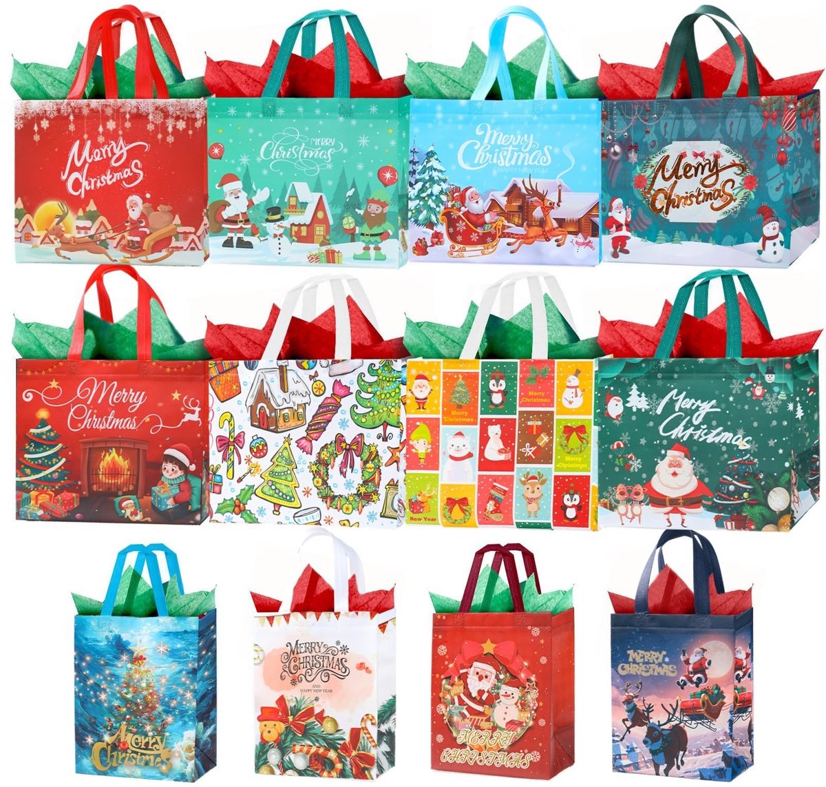 Omgoods - Set van 12 Kerst Cadeautasjes met Handvatten