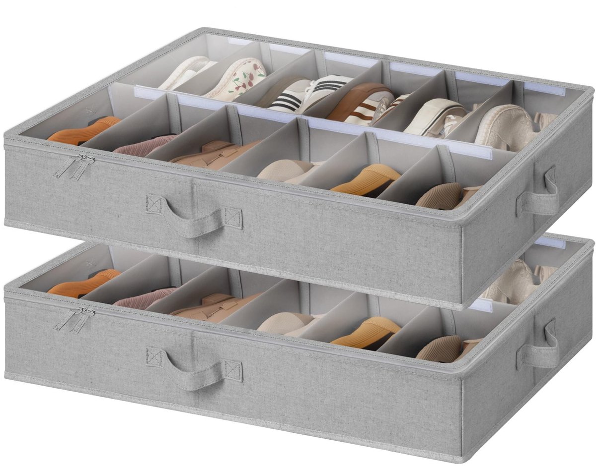 Omgoods- Schoenenopbergsysteem Ruimtebesparend - Onder-bed Opbergdozen - Verstelbare Vakken - 2 Stuks - Dikke Stof - 24 Paar Schoenen - Schoenenopberger