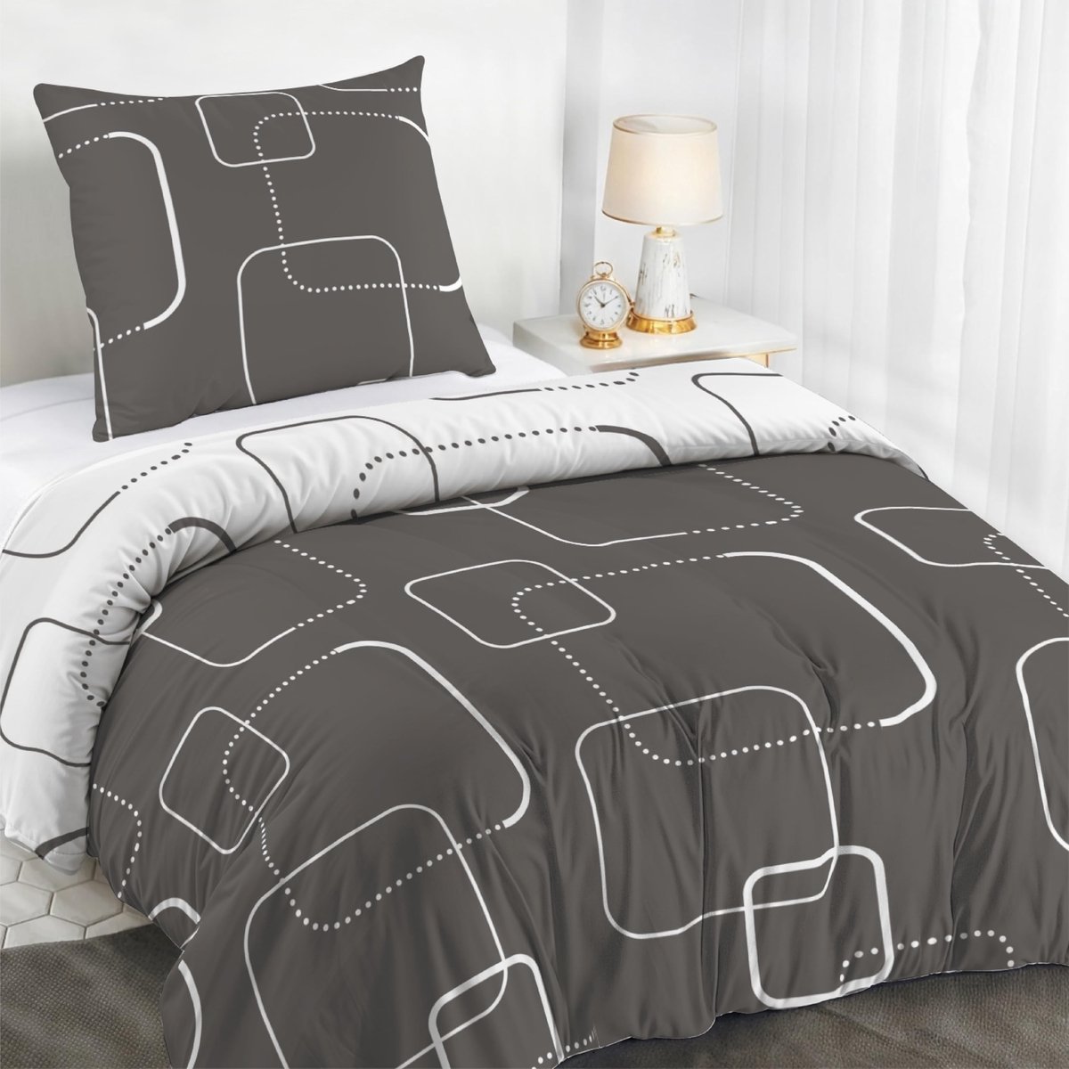Omgoods - Dreamzie Duvet Cover 140x200 cm met Kussensloop 65x65 cm - Geo Grijs en Wit