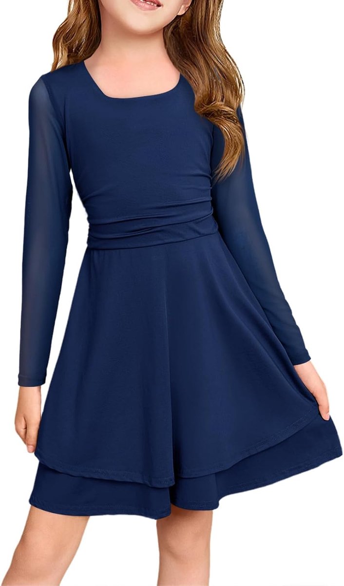 Mini-jurk voor meisjes met lange mouwen | feestjurk, mini-jurk, knielang, dubbellaags, vierkante hals, geplooide taille