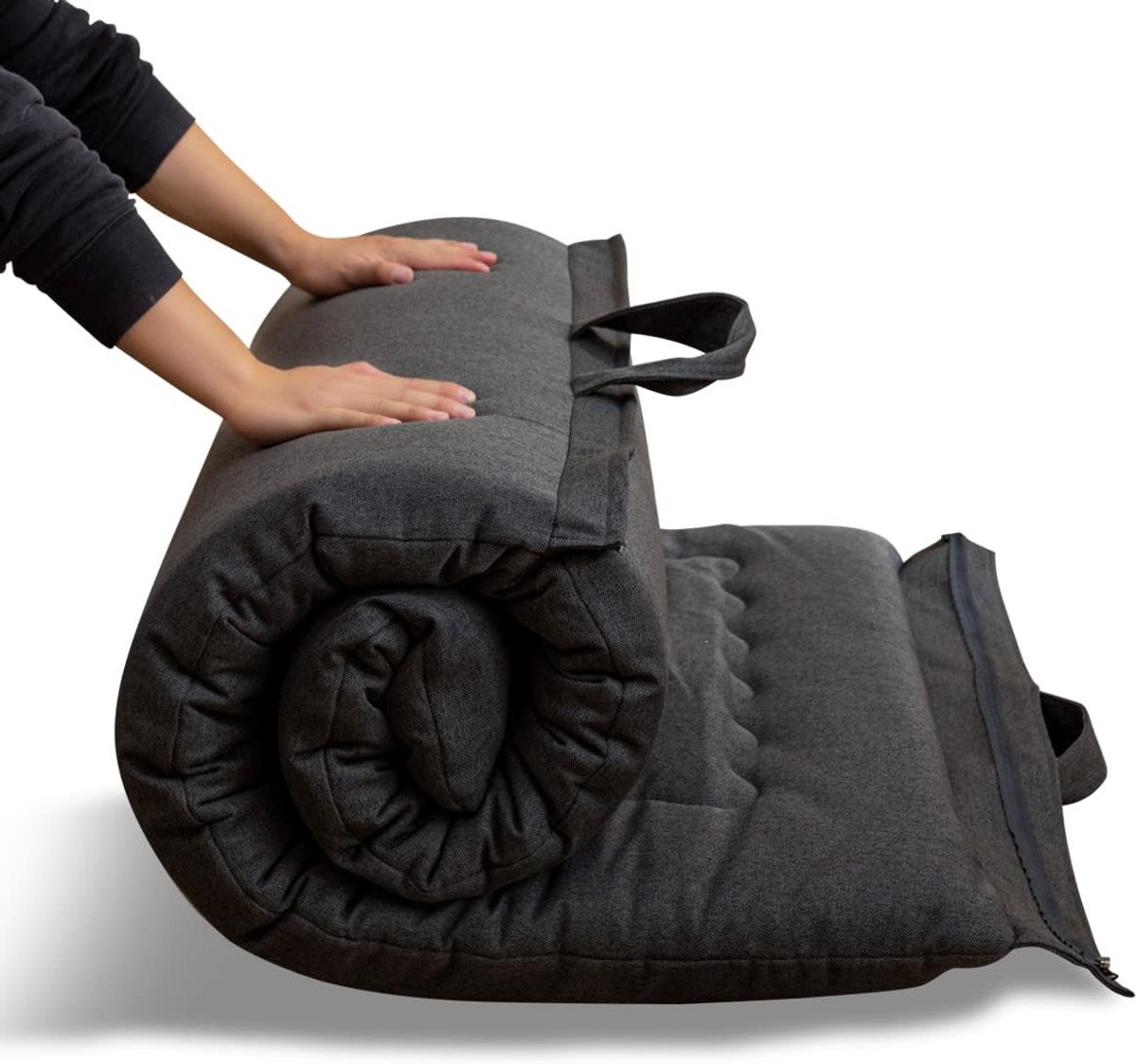 Futonmatras, draagbaar, opvouwbaar, hypoallergeen stof en schuimstof matrasonderlaag met handvat en ritssluiting, voor binnen en buiten, camping, gasten, auto, houtskool, 135x190 cm