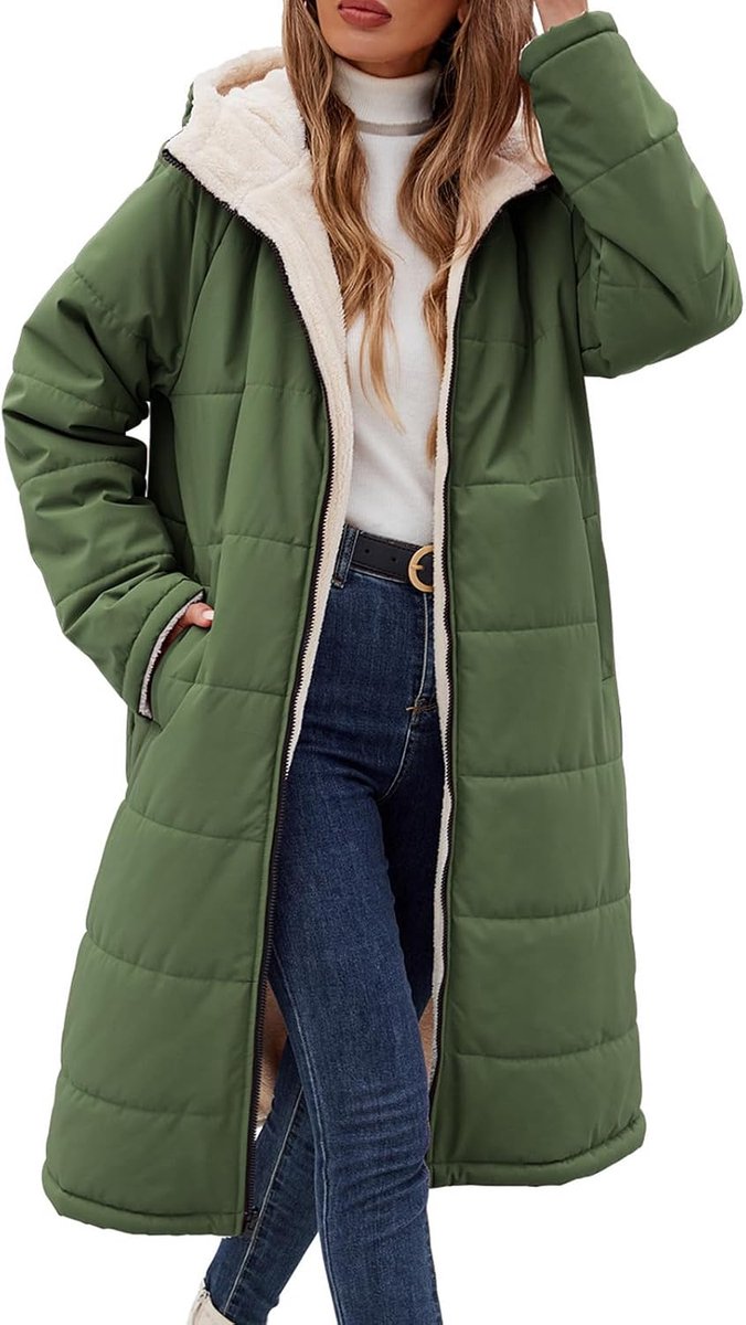 Jas met capuchon, lange winterjas voor dames, omkeerbaar, fleece mantel met ritssluiting en zakken