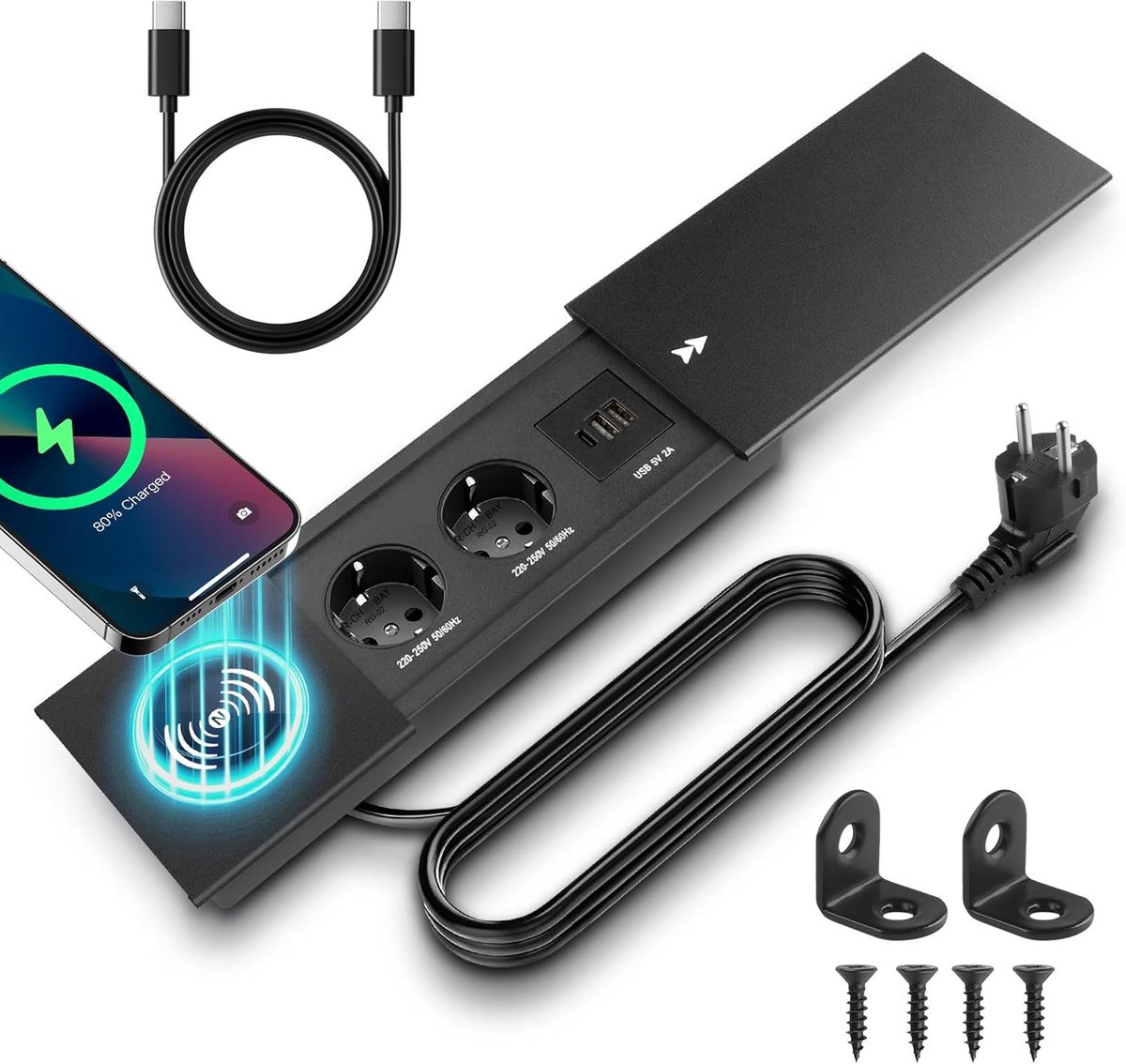 inschuifbaar met deksel, 2-voudige inbouwstekkerdoos, USB C PD, tafelstopcontact, tafelblad, verzonken stopcontact, voor bureau, keuken, kantoor, salontafel, vergadertafel, zwart