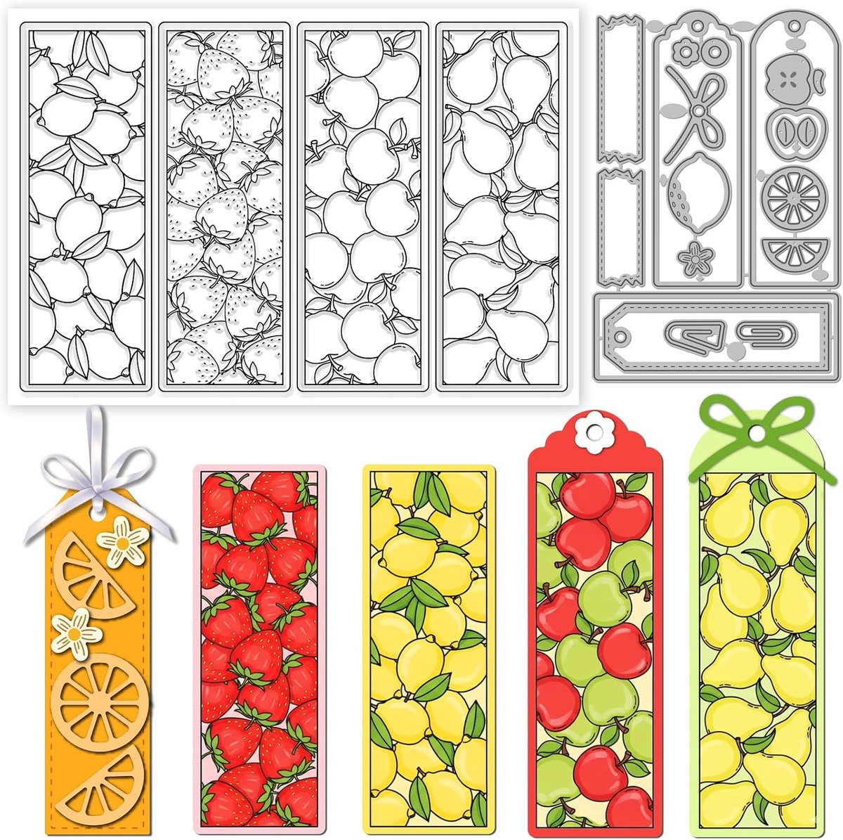 Bladwijzers Met Vruchten: Transparante Metalen Stempel En Snijmallen Citroen Aardbei Appel Peer Ideaal Voor Kaartenambachten Embossing En Scrapbooking