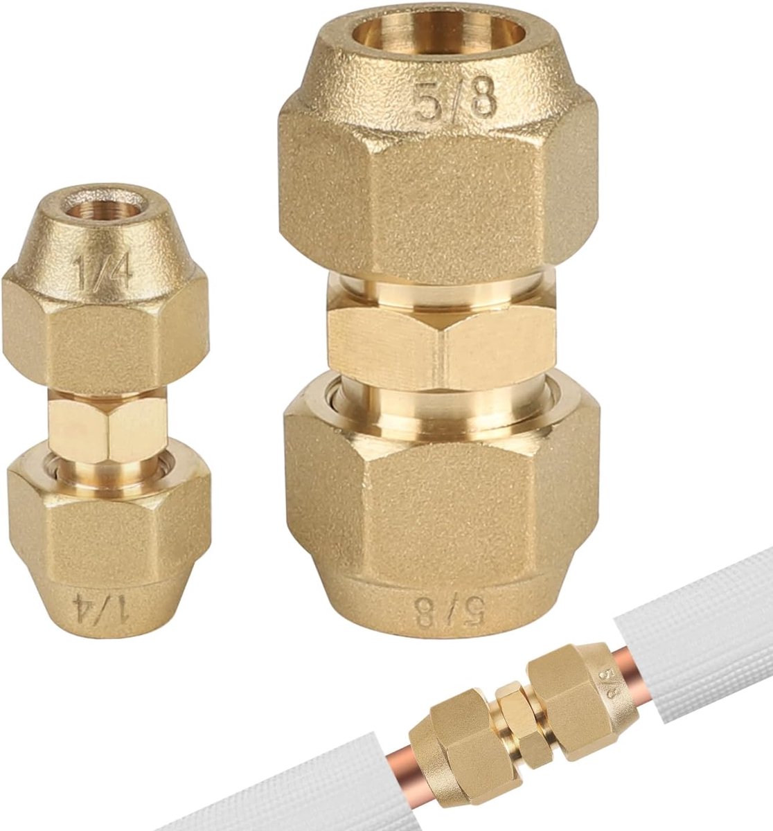 2 stuks dubbele nippel voor koperen buizen, 1/4 inch en 5/8 inch koperen buisverbinders, messing koperen buisverlenging zonder lassen, airconditioning, schroefverbinding, set met 2