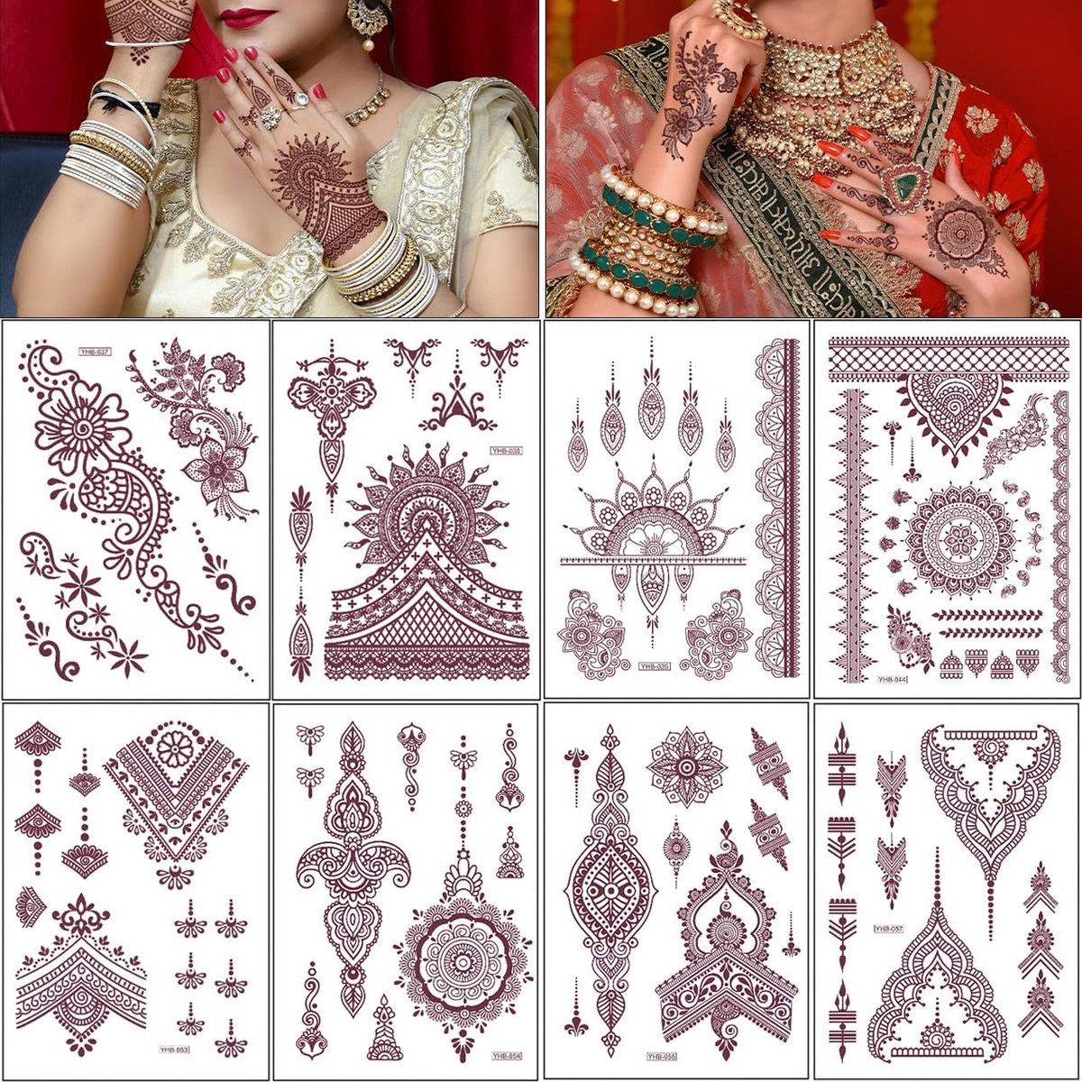 8 Bladeren bruine tatoeages sticker, Mehndi tijdelijke tatoeages set waterdichte tatoeage sticker voor hand arm volwassen meisjes