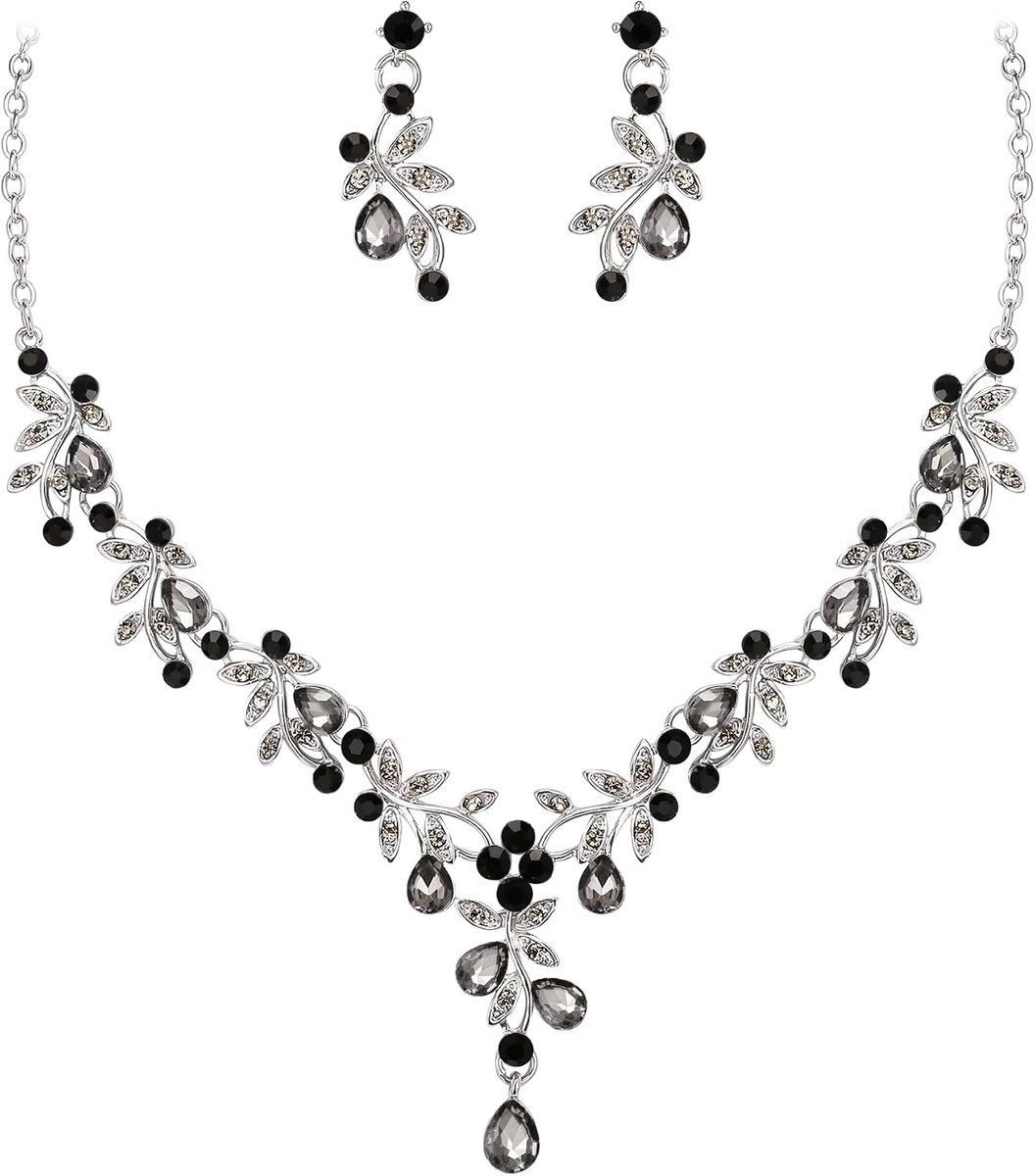 Bruiloftssieradenset voor dames, bruid, Y-halsketting, hangende oorbellen, set indrukwekkende kristallen druppel blad, bloem, cluster prom-sieraden voor bruid, bruidsmeisje, grijs,