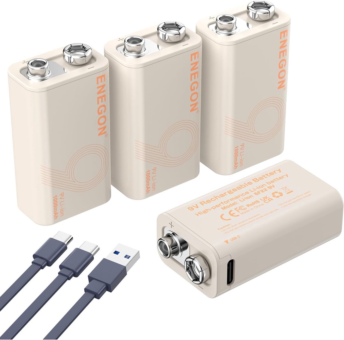 Oplaadbare Lithium 9V Batterijen, 4 Stuks, 1000 mAh, Type C, Snelladen, Geschikt voor Multimeter, Draadloze Microfoon en Rookmelder
