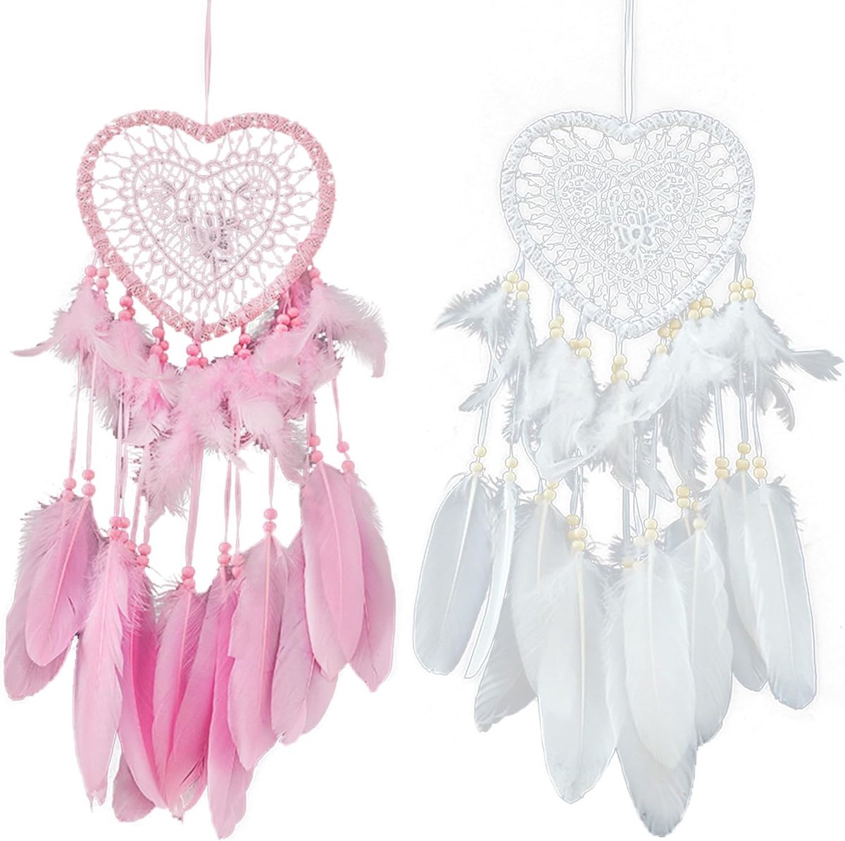 2 stuks roze en witte dromenvanger, mooie hartvormige dromenvanger, muurhangende dromenvanger, met veren voor thuiskantoor, muur, raam, deur, decoratie, verjaardagscadeau