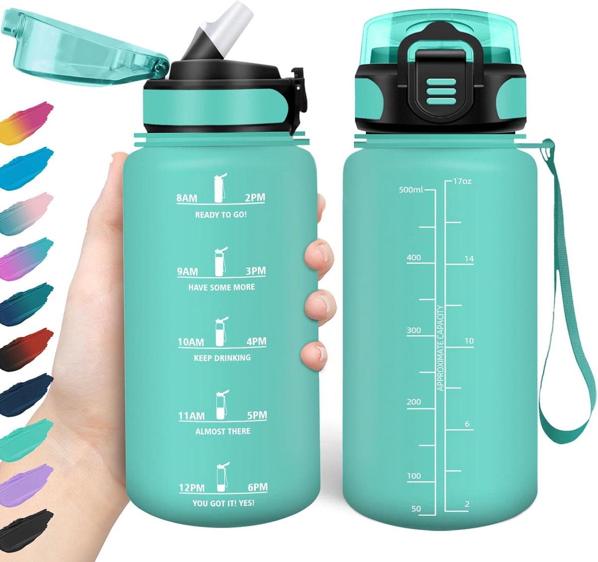 Drinkfles, 500 ml, lekvrij, BPA-vrij, motiverende drinkfles met tijdmarkering, drinkfles met rietje, voor kinderen, fiets, fitness, school, kantoor
