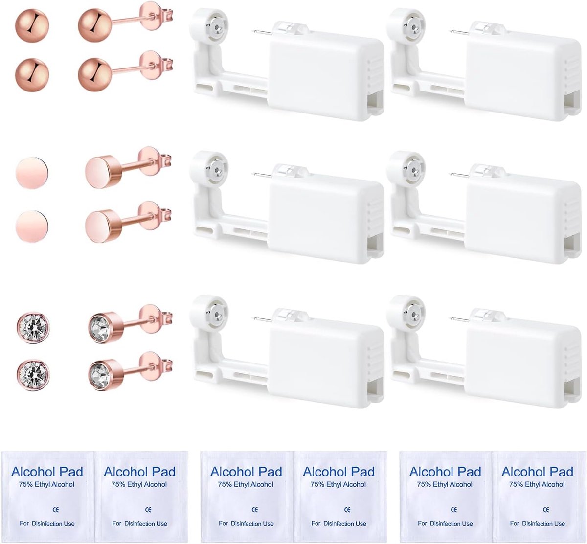 Schietpistolen voor gaatjes in de oren, 6 stuks, wegwerppistolen voor piercing, veilig, steriel, voor oren en neus, pijnloos, aseptisch, met oorstekers
