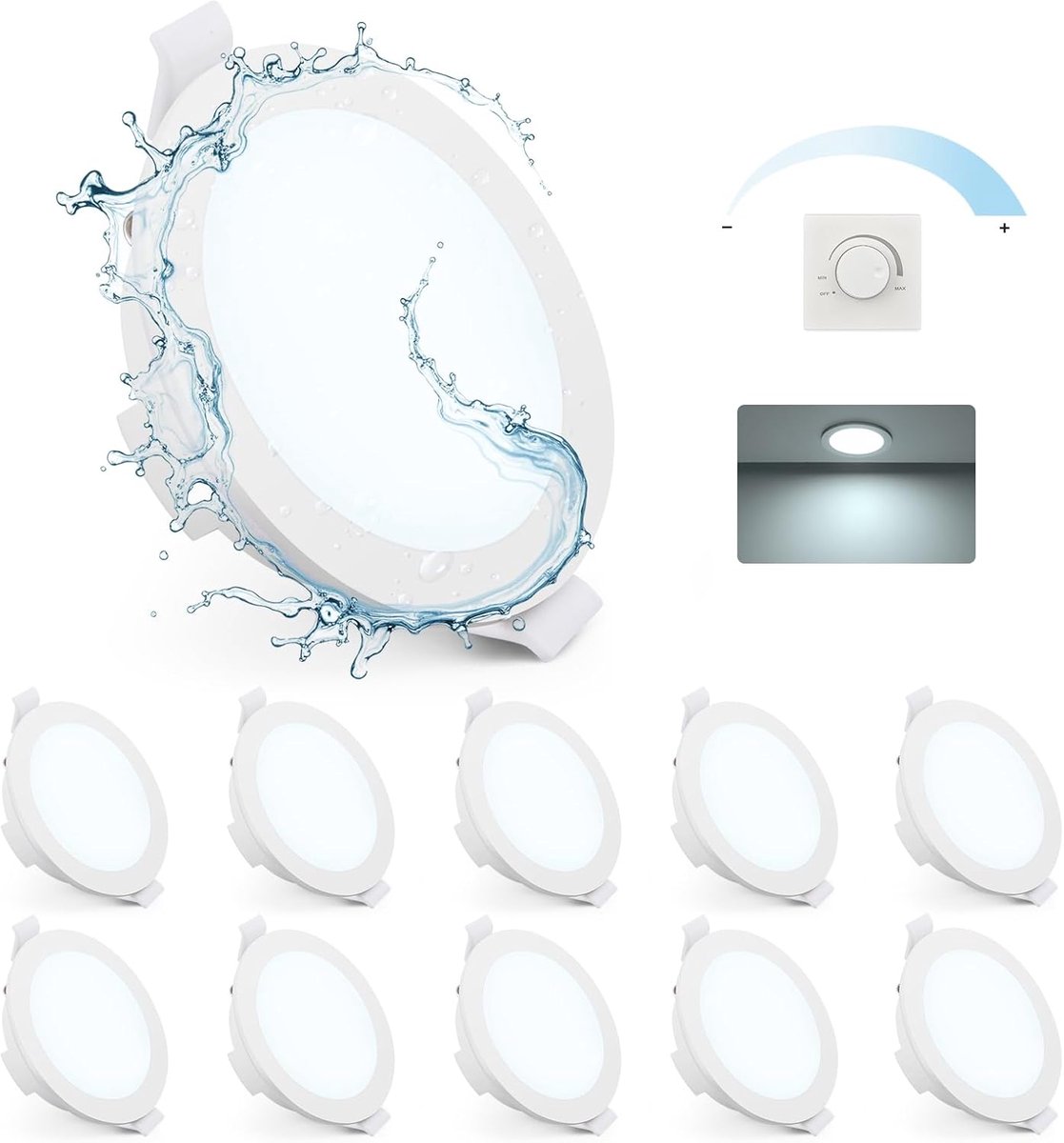 Inbouwspots, led, dimbaar, 6 W, 230 V, koudwit, 6500 K, 400 lm, 35 mm ultraplatte plafondspots, inbouwlampen plafond 68-80 mm gatgrootte, IP65 spots plafondlamp voor badkamer keuken, set van 10