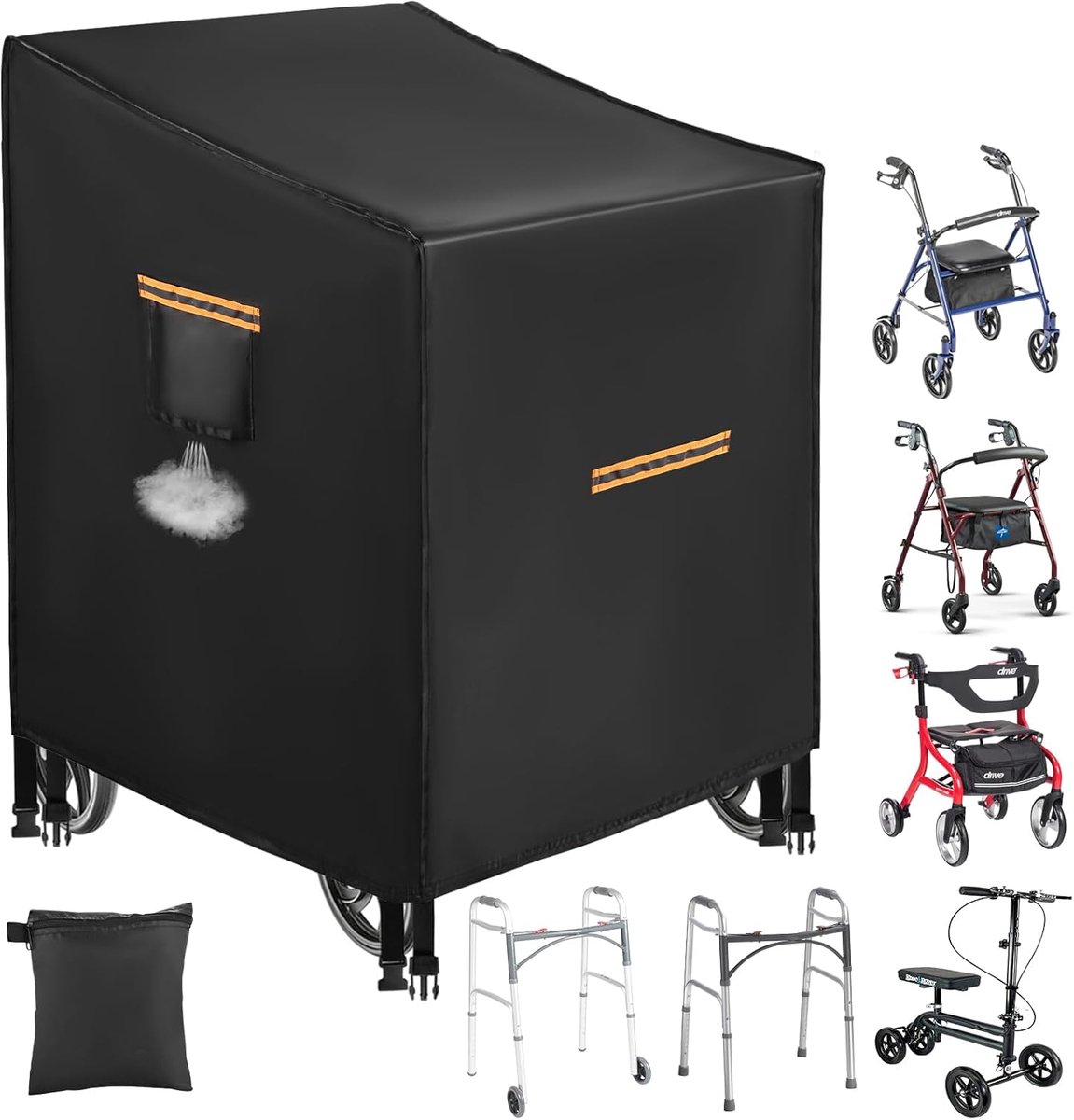 Looprekhoes, zware 420D waterdichte beschermhoes voor rollator met zitting en remmen, universele looprekhoezen voor senioren met 4 reflecterende strips, 4 winddichte gespen, luchtventilatie