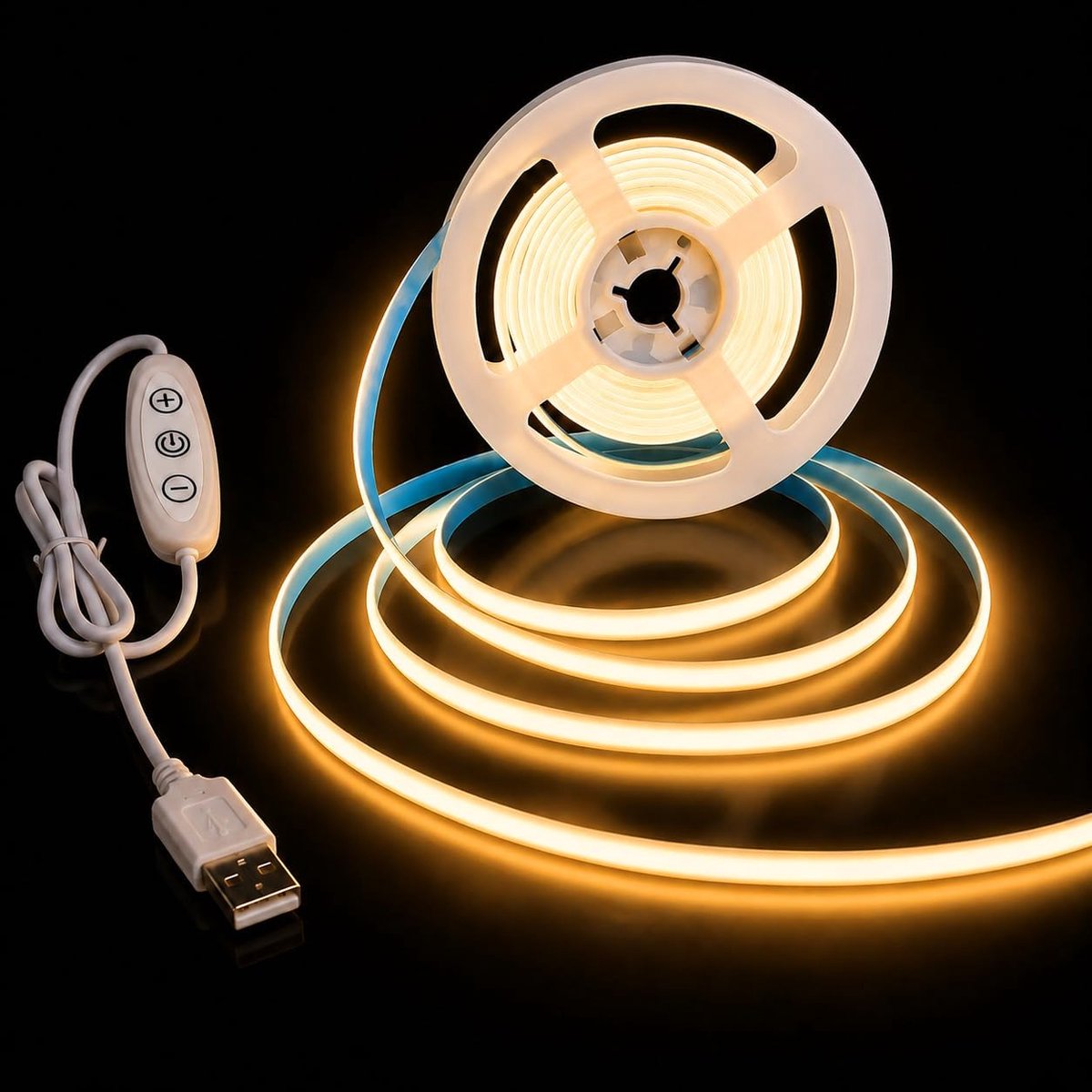 1M COB LED Strip, 5V Warm Wit 2700K Dimbaar, 320 LED's/m, CRI 92+, Flexibele Lichtstrip met Zelfklevende Achterkant Voor Keuken, Trap, Spiegel, 3D-Printer en Doe-Het-Zelfverlichting