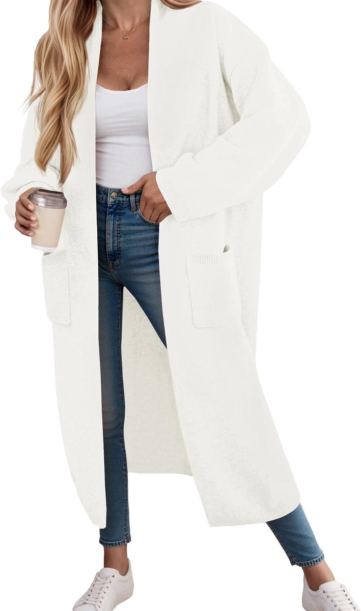 Gebreid vest voor dames, lange cardigan, lange mouwen, oversized gebreide mantel, open voorkant, sweater, jas met