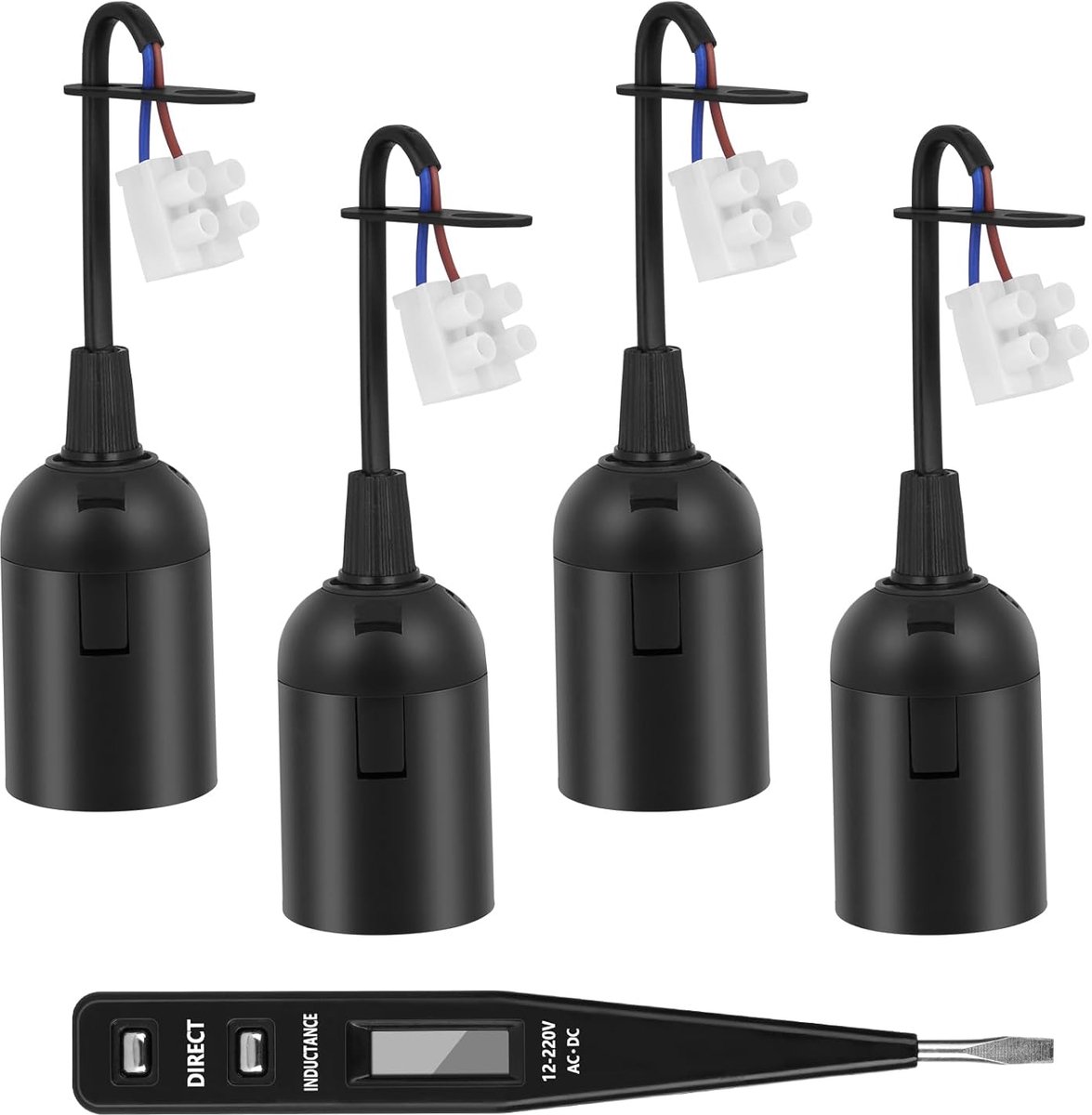 4 stuks E27, E27 fitting met draad en klem, voor bouwplaatsen/werk/renovatie, met spanningstester, voor hanglampen in de woonkamer, keuken, zwart | Spanningstester voor bouwplaatsen, werken, renovatie, voor hanglampen in de woonkamer, keuken
