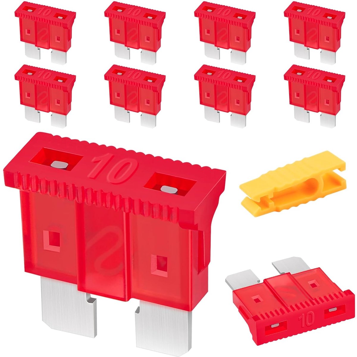 10 stuks autozekeringen, zekeringen voor auto, standaard 10 A, autozekering met 1 zekeringtrekker voor auto/camper/vrachtwagen/motorfiets/boot