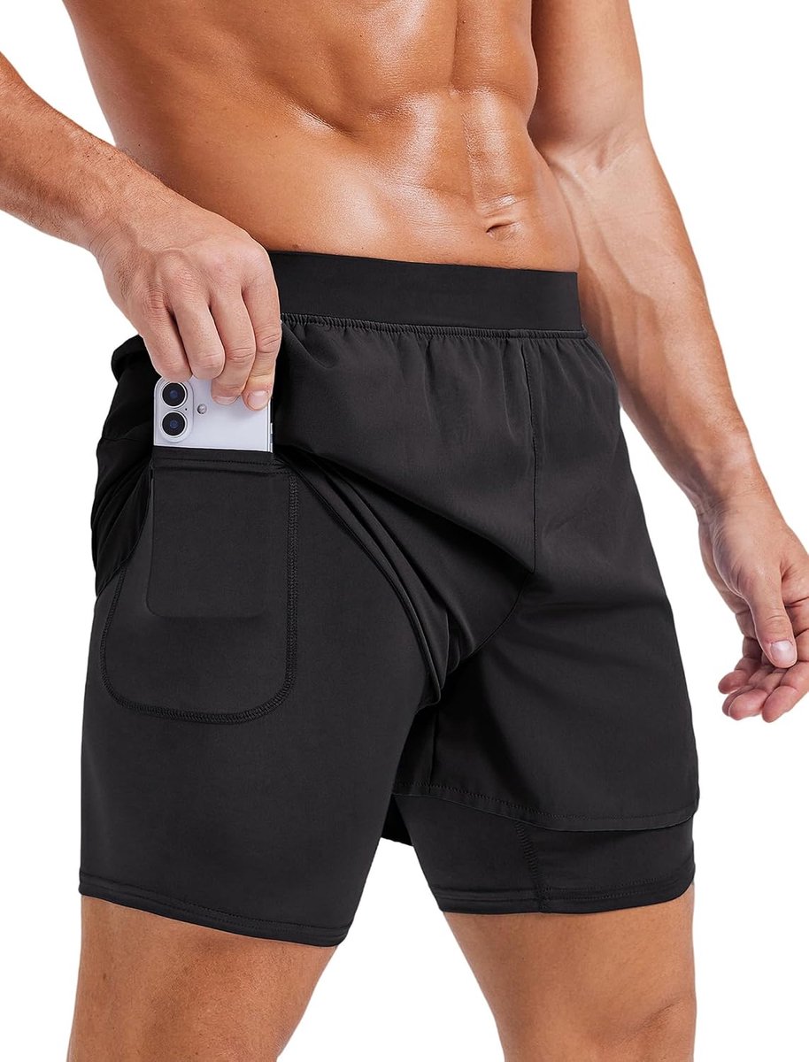 Shorts voor heren, 2-in-1 hardloopshorts met compressieshorts | Sneldrogende ademende marathon shorts zomer fitness wandelen surfen en fietsen met ritszak