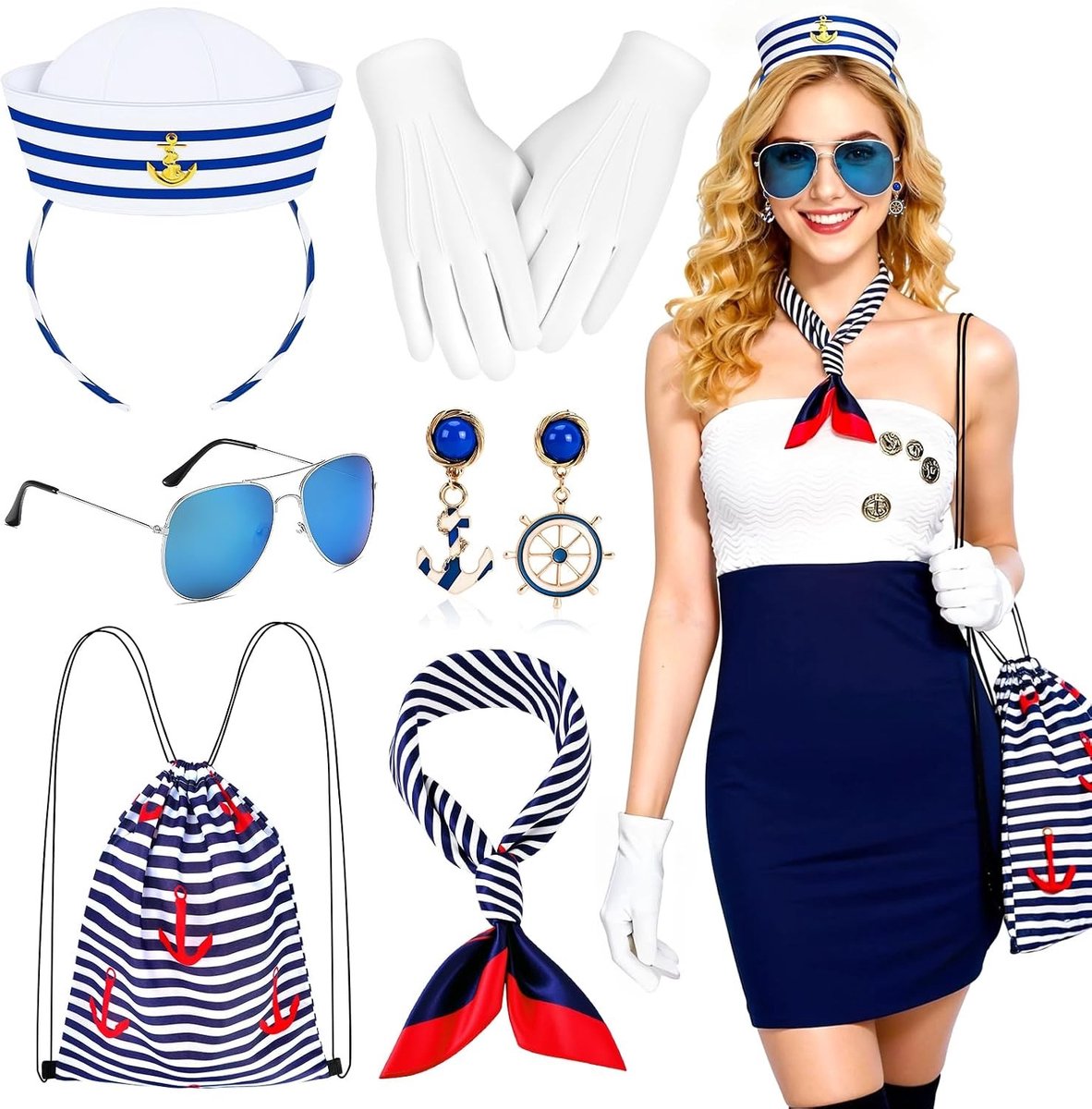 Vrouwelijk Zeeman Kostuum Set met Hoofdband, Zeeman Sjaal, Witte Handschoenen en Blauwe Gestreepte Tas voor Carnaval en Verkleedfeest