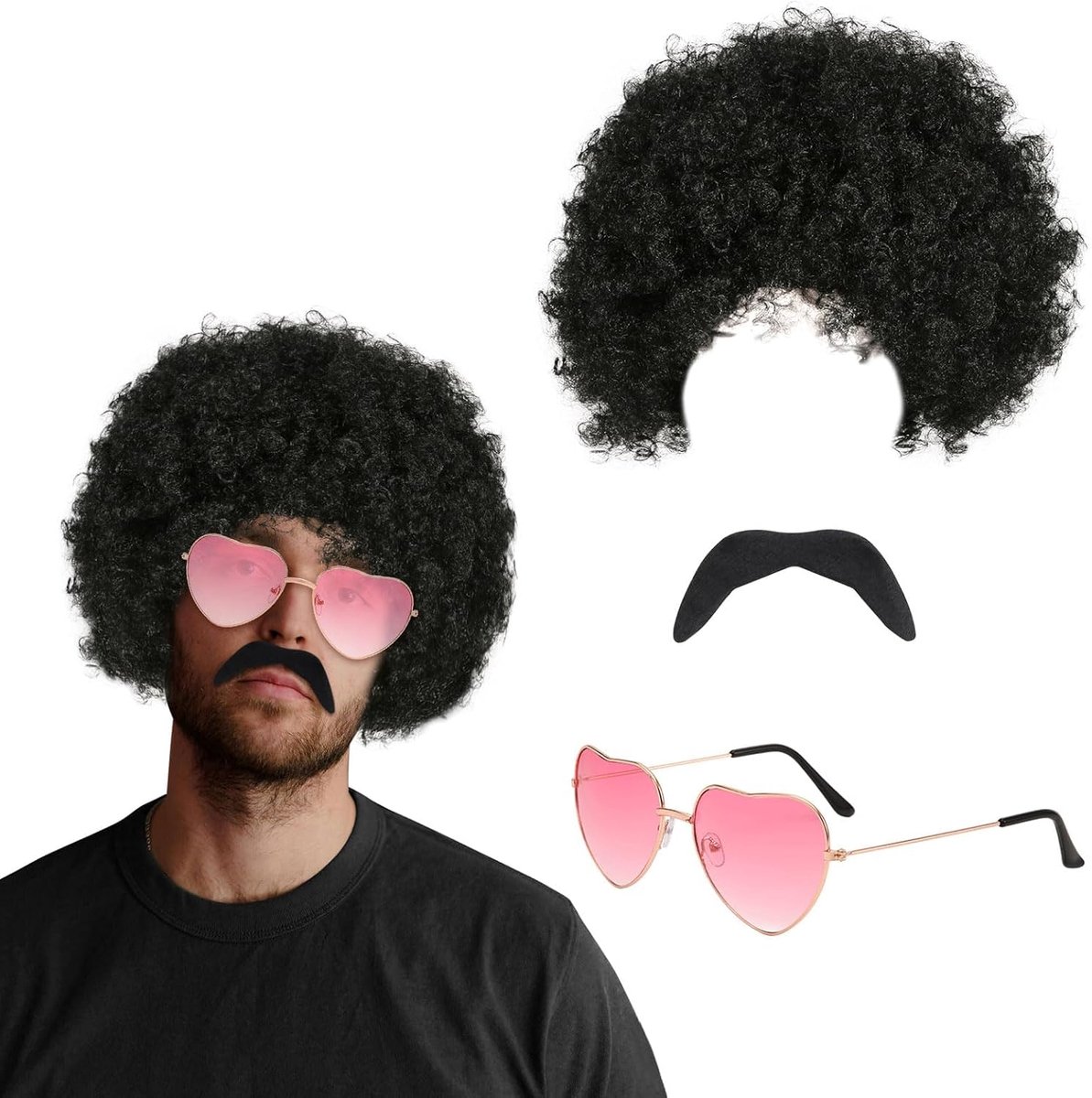 Funky Afro Pruik, 3 stuks, retro hippie-haaraccessoires, jaren 70, hippie-bril, snorren, funky afropruik, accessoires uit de jaren 60 en 70 voor mannen, kostuum (3 stuks)