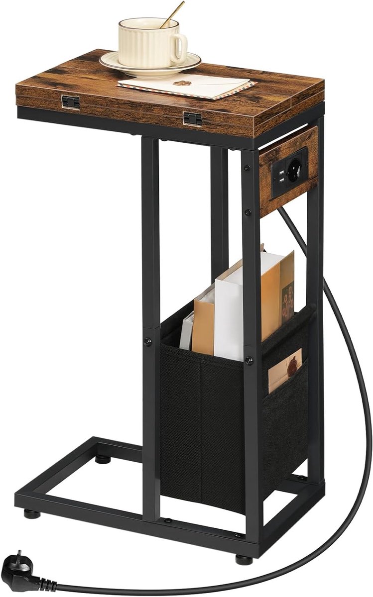 Bijzettafel met laadstation, C-vorm, inklapbare salontafel met stoffen tas, nachtkastje met stopcontact en 2 USB-poorten, voor woonkamer, vintage bruin en zwart EBF30CSF01