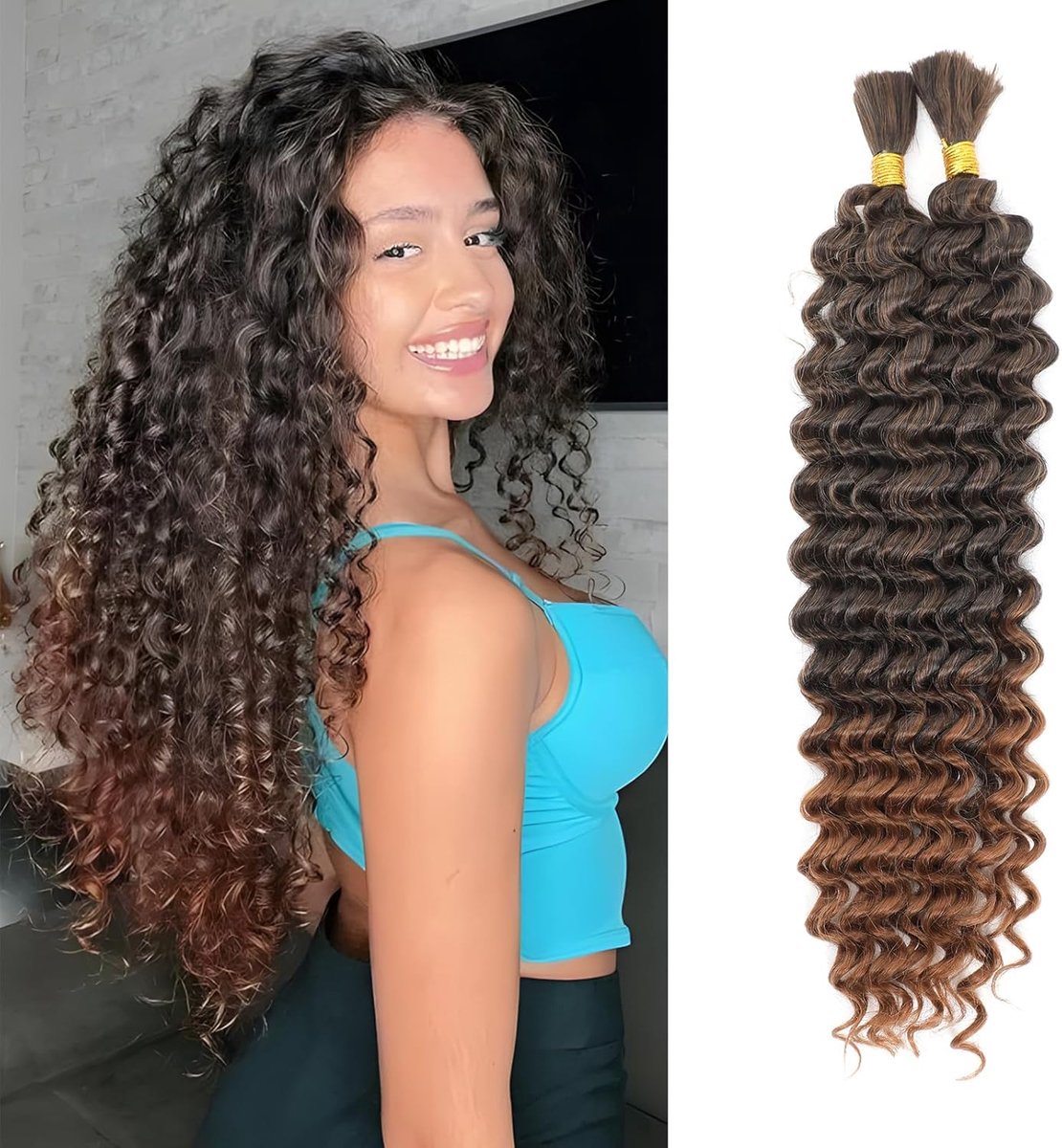 Wave Bulk Hair for Braiding 22 inch No Weft Deep Wave Bundels Curly Braiding Hair Extensions voor Boho vlechten en Wavy Braiding 2 vlechten Per Pack (T30#, 22 inch (1 verpakking)