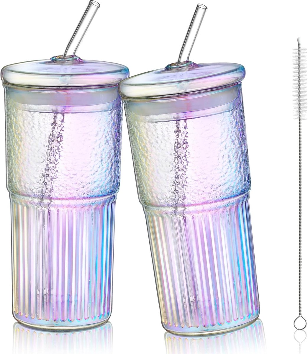 650 ml grote regenboog glazen beker met deksel en rietje, set van 2 gestreepte waterglazen voor koffie, smoothies, sappen, borosilicaat, iriserende borosilicaattheekop, Bubble Tea Cup,
