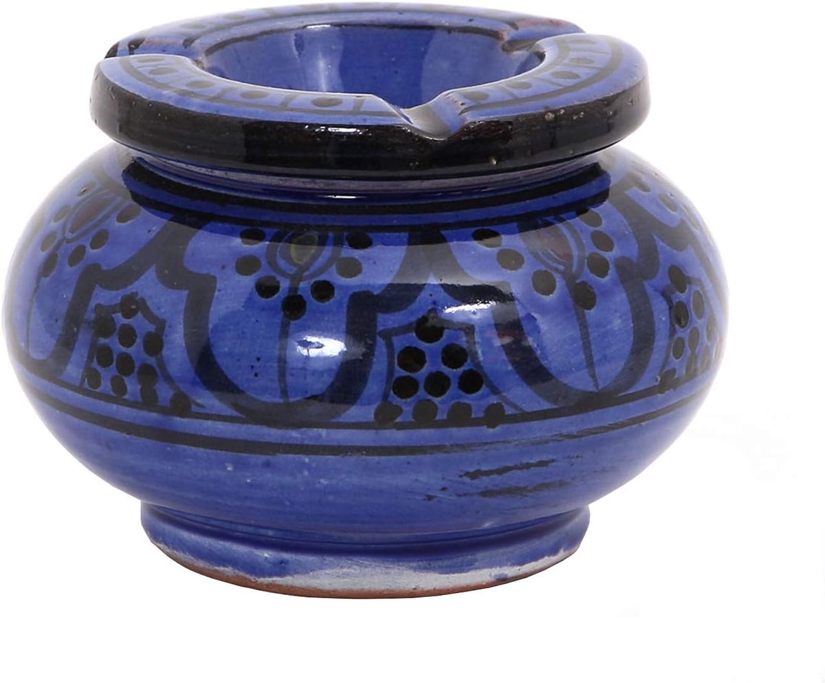 Moro KE5003 Marokkaanse keramische asbak blauw met deksel Ø 12 cm | windasbak handbeschilderd en met de hand gebakken | kunsthandwerk van Marrakesh | KE5003