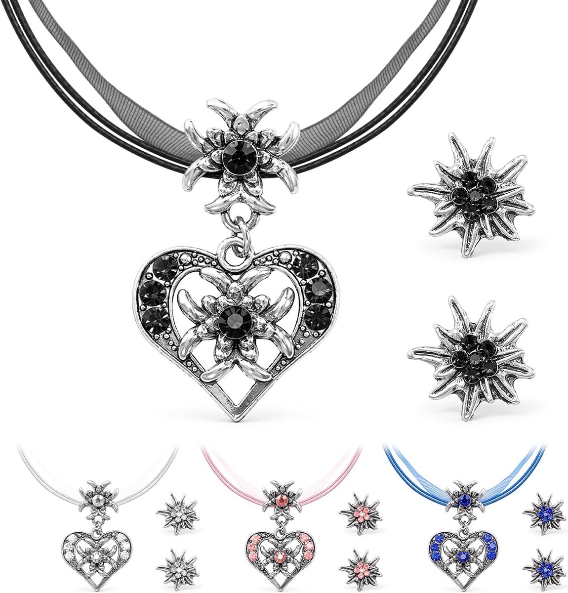 Set van 3 klederdrachtsieraden voor dames, Oktoberfest, accessoires voor dirndl-sieraden | Klederdrachtketting met strass edelweiss hart hanger en edelweiss oorstekers