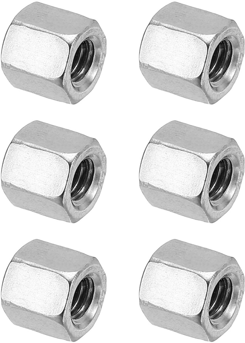 M6 x 1-Pitch 304 Roestvrij Staal Zeskant-Koppelingsmoeren, 6 Stuks 12mm / 0,5" Lengte Grof Voldraad Verbindingselementen, Zilverkleur