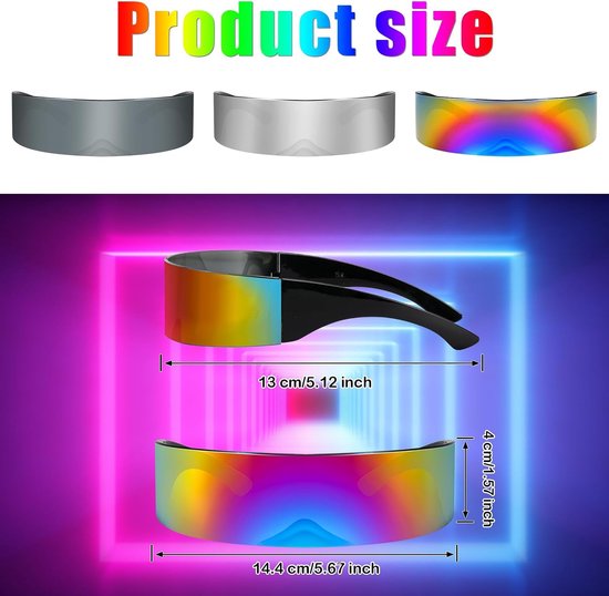 3 Pack Futuristische Bril Smalle Cyclops Zilver Zwart Kleurrijke Zonnebril Gespiegelde Lens Cool Fancy Dress Kostuum Funky Eyewear voor Mannen Vrouwen — afbeelding 3