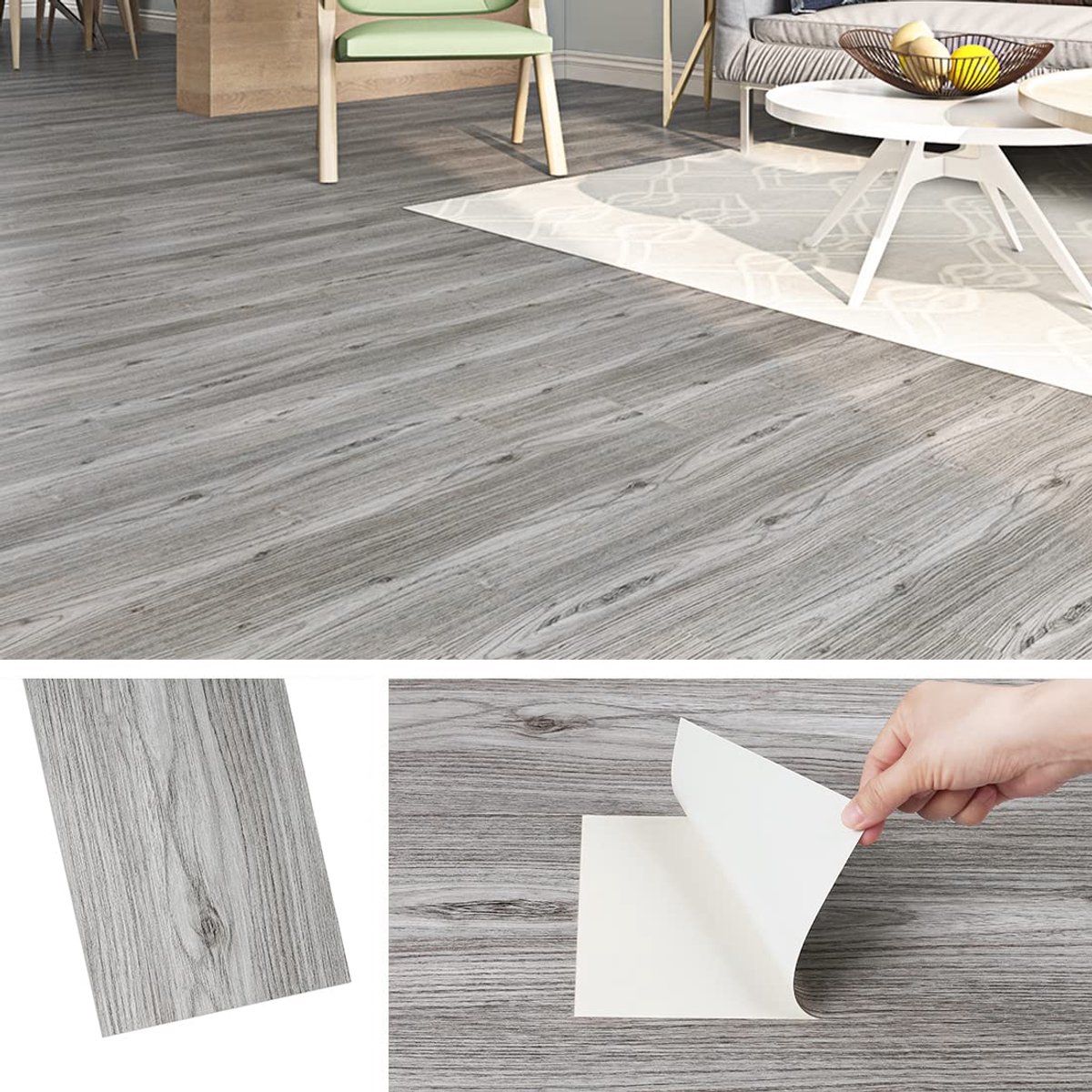 PVC Vloer Zelfklevend Grijs Vinyl Houtlook 90CMx15CM Waterdicht Voor Badkamer En Keuken - 4 Tegels