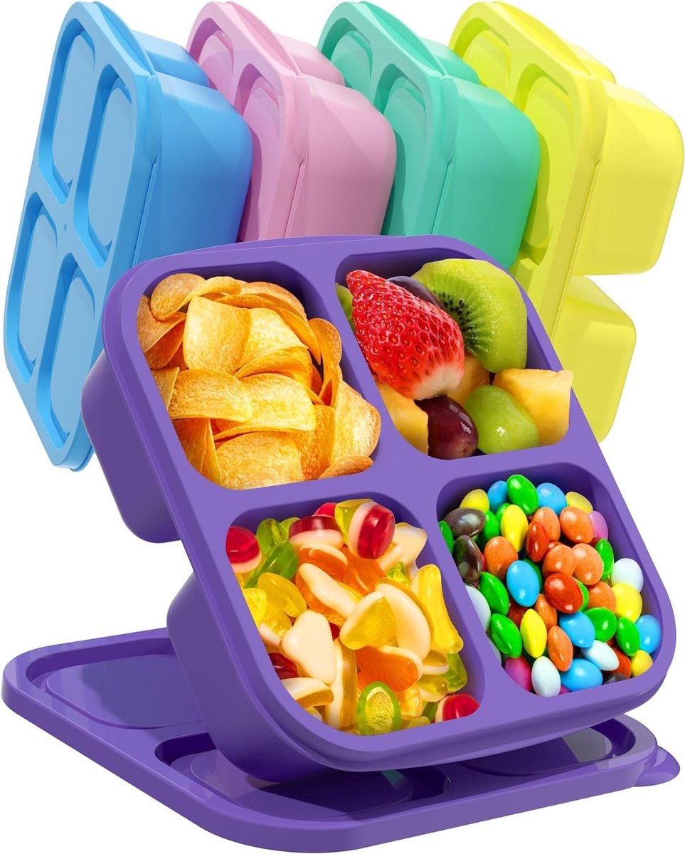 Snackbox met vakken, 5 stuks, 4 vakken, snackborden met deksel, magnetronveiligheid, voor kruidenbewaarcontainers, snoep, groenten, desserts, bento-snackbox voor school, werk en reizen (gekleurd