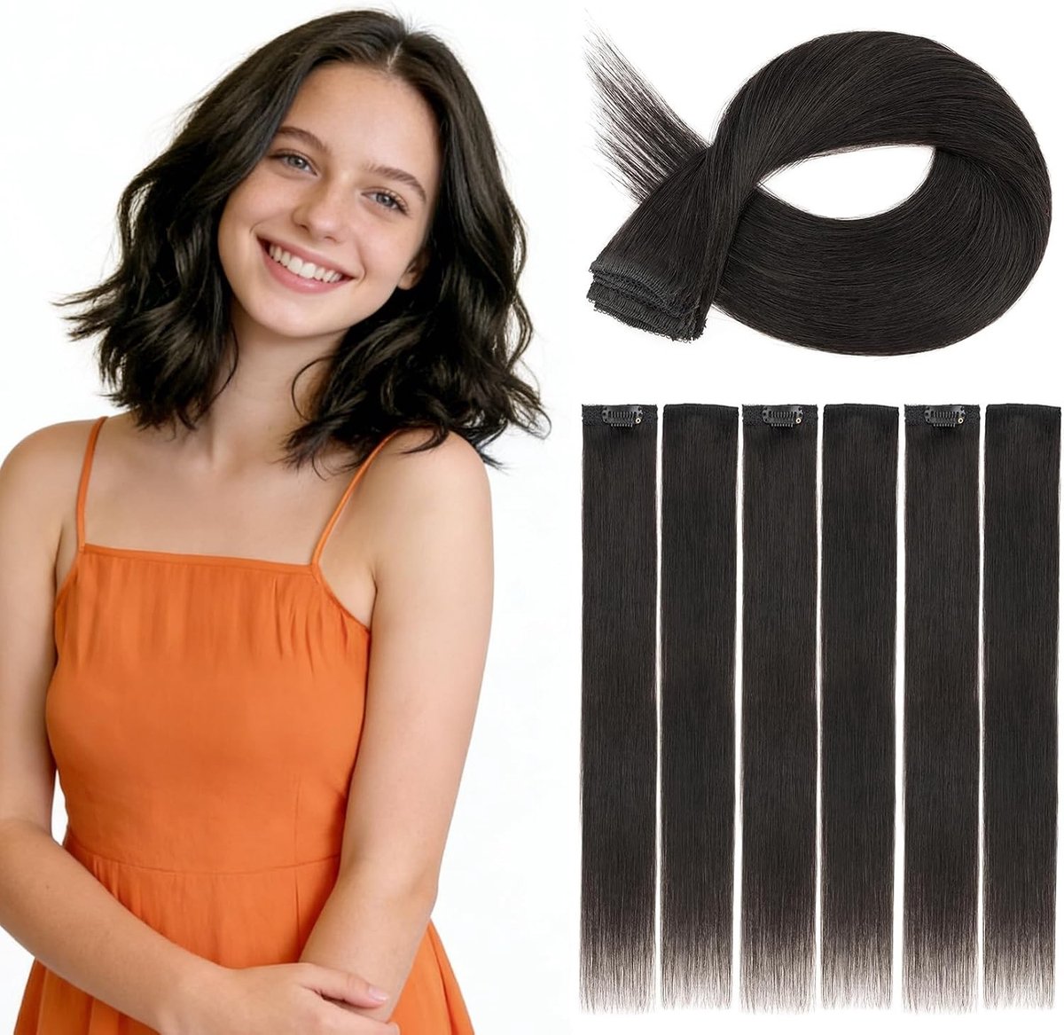 Clip-in Haarextensions van 100% Echte Menselijke Haar, 6 Delen met Clips, 25CM Natuurlijke Zwart voor Vrouwen en Kinderen, Perfect voor Volumineuze Haarstijl