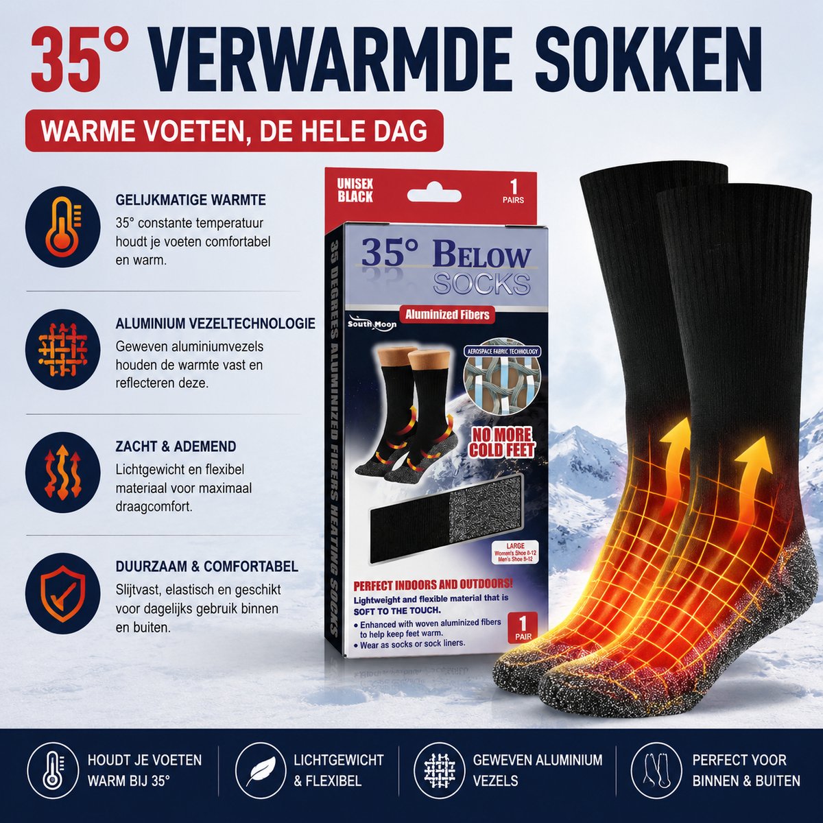 South Moon Classic- Aluminized Fibers Heating Socks Warmte Reflecterende Sokken Voor Wandelen Camping & Thuis Comfortabel & Duurzaam Geen Koude Voeten Meer Large Zwart