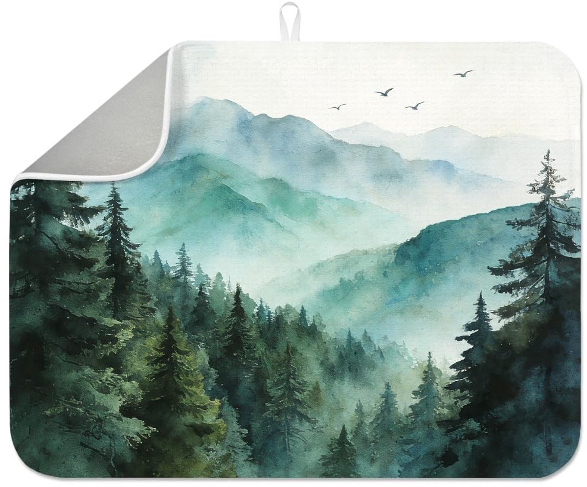Omgoods - Aquarel Bos Schotel Droogmat 17,7x23,6 cm Microfiber Absorberend Pad
