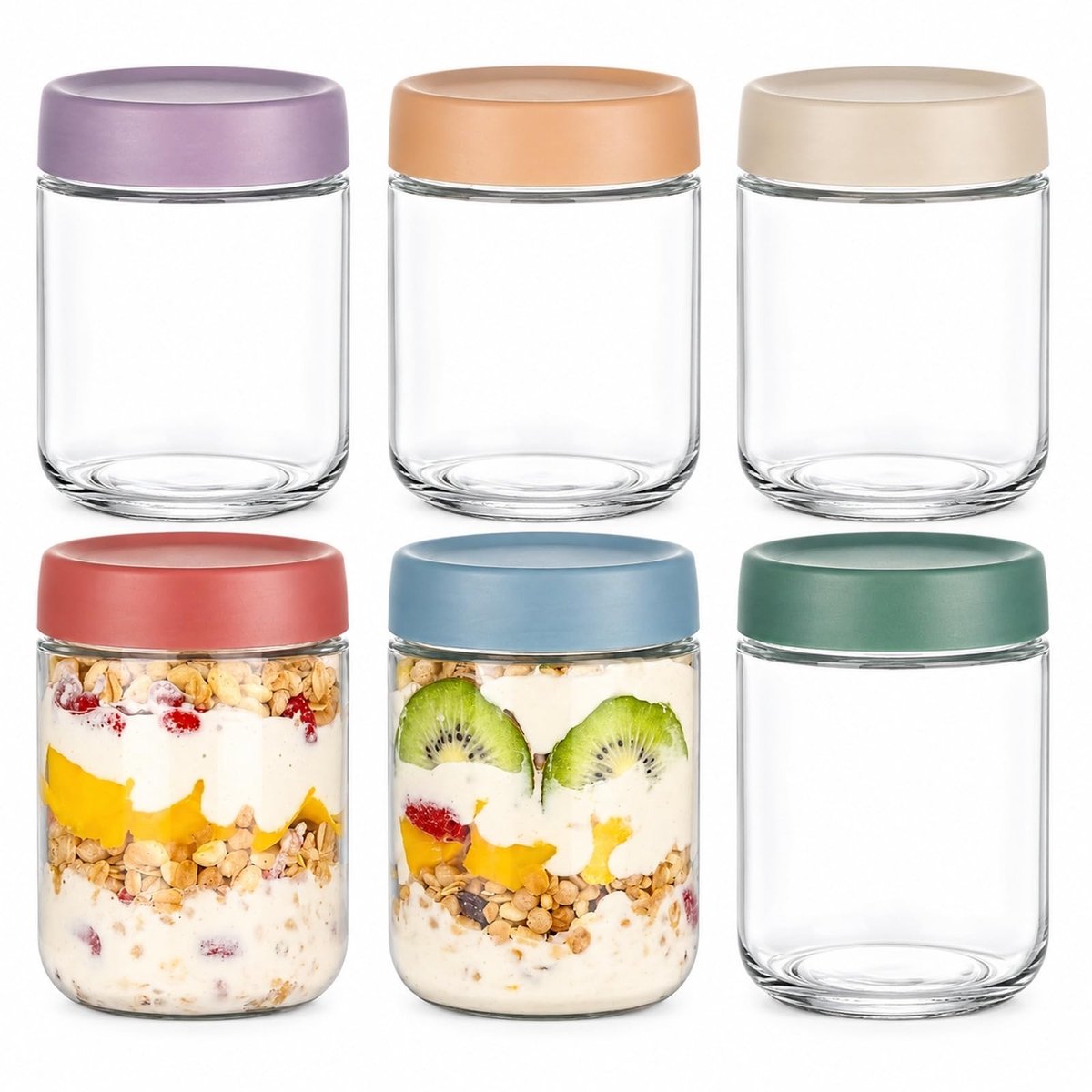 Omgoods - Set van 6 Glazen Jars voor Overnight Oats 500ml met Deksel