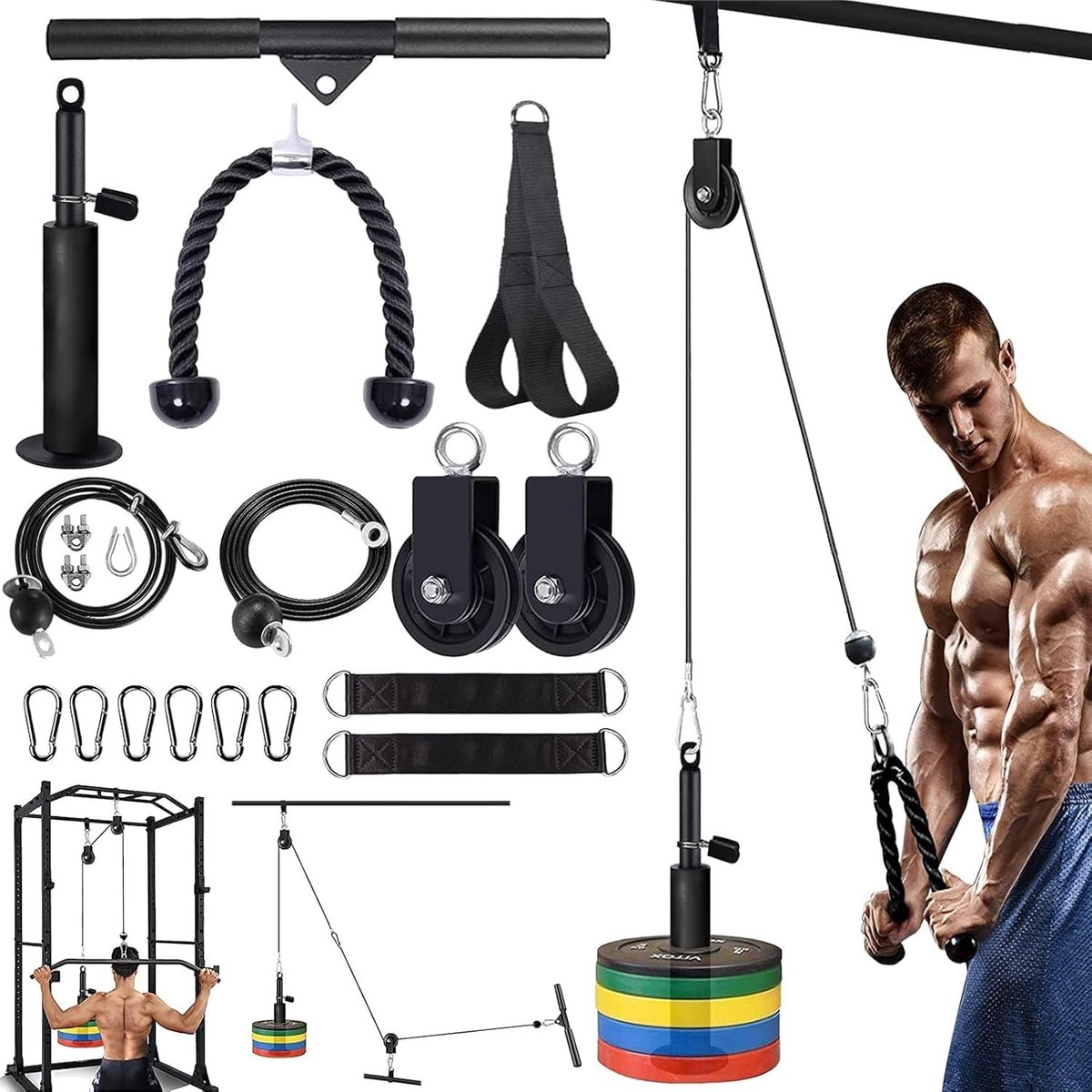 Kabeltrekstang voor Krachttraining van Biceps en Rug - DIY Lat Pulldown Accessoire voor Fitnessapparatuur en Spieropbouw met 2 Kabels en 3 Wielen